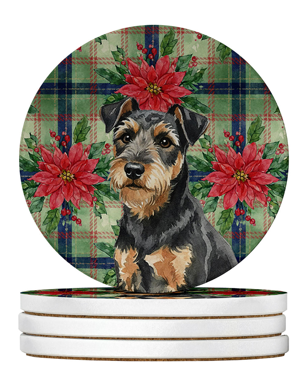 Black and Tan Lakeland Terrier Christmas PoinsettIas Large Sandstone Coasters Pack of 4 Absorbent Round Coasters Decor Gifts for Men or Women, 4 in, Multicolor