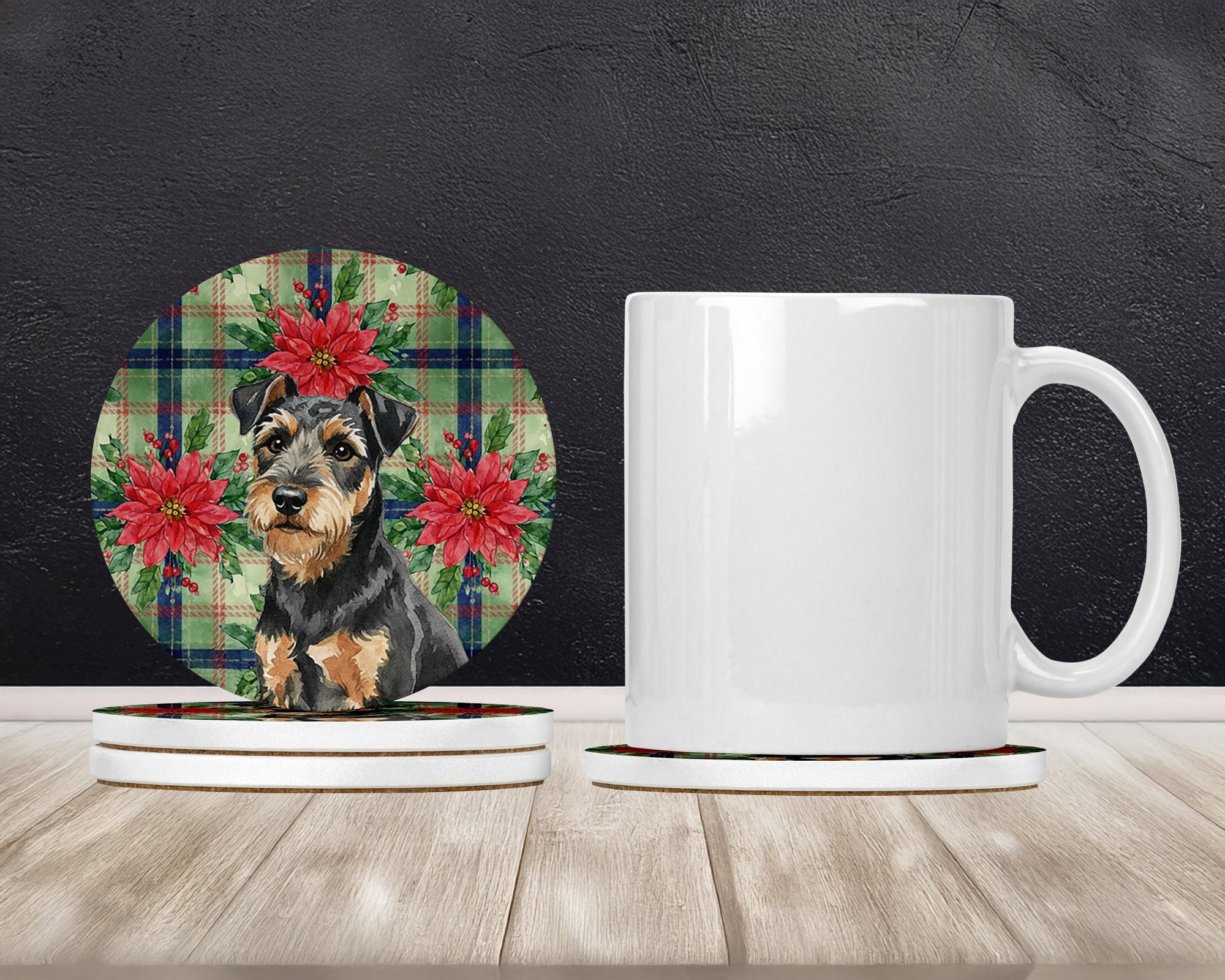 Black and Tan Lakeland Terrier Christmas PoinsettIas Large Sandstone Coasters Pack of 4 Absorbent Round Coasters Decor Gifts for Men or Women, 4 in, Multicolor