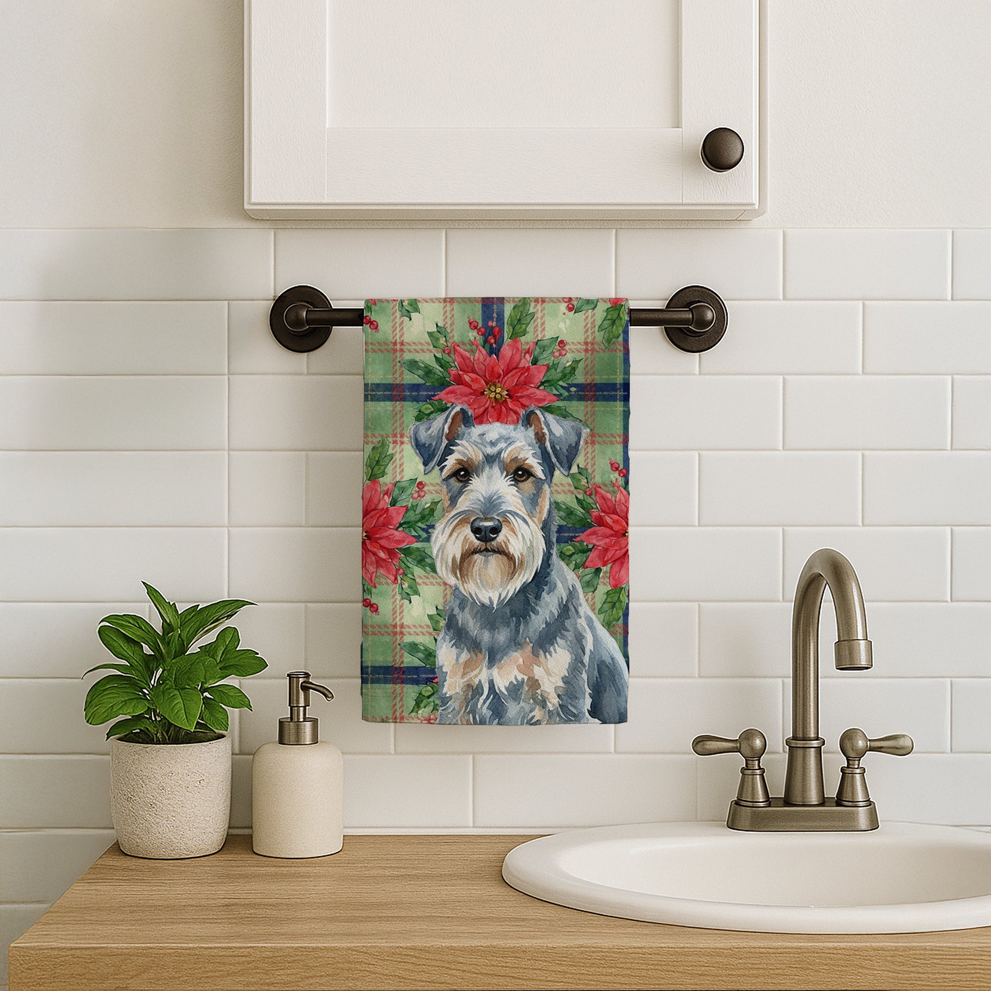 Blue Lakeland Terrier Christmas PoinsettIas Kitchen Towel Velour Plush Front and Cotton Loop Back Machine Washable