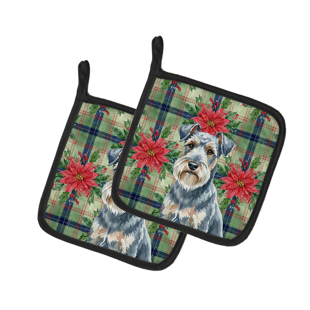 Blue Lakeland Terrier Christmas PoinsettIas Pot Holder Set of 2 Heat Resistant Quilted Hot Pads 7.5 x 7.5 Inch, Insulated Kitchen Trivets for Cooking & Baking