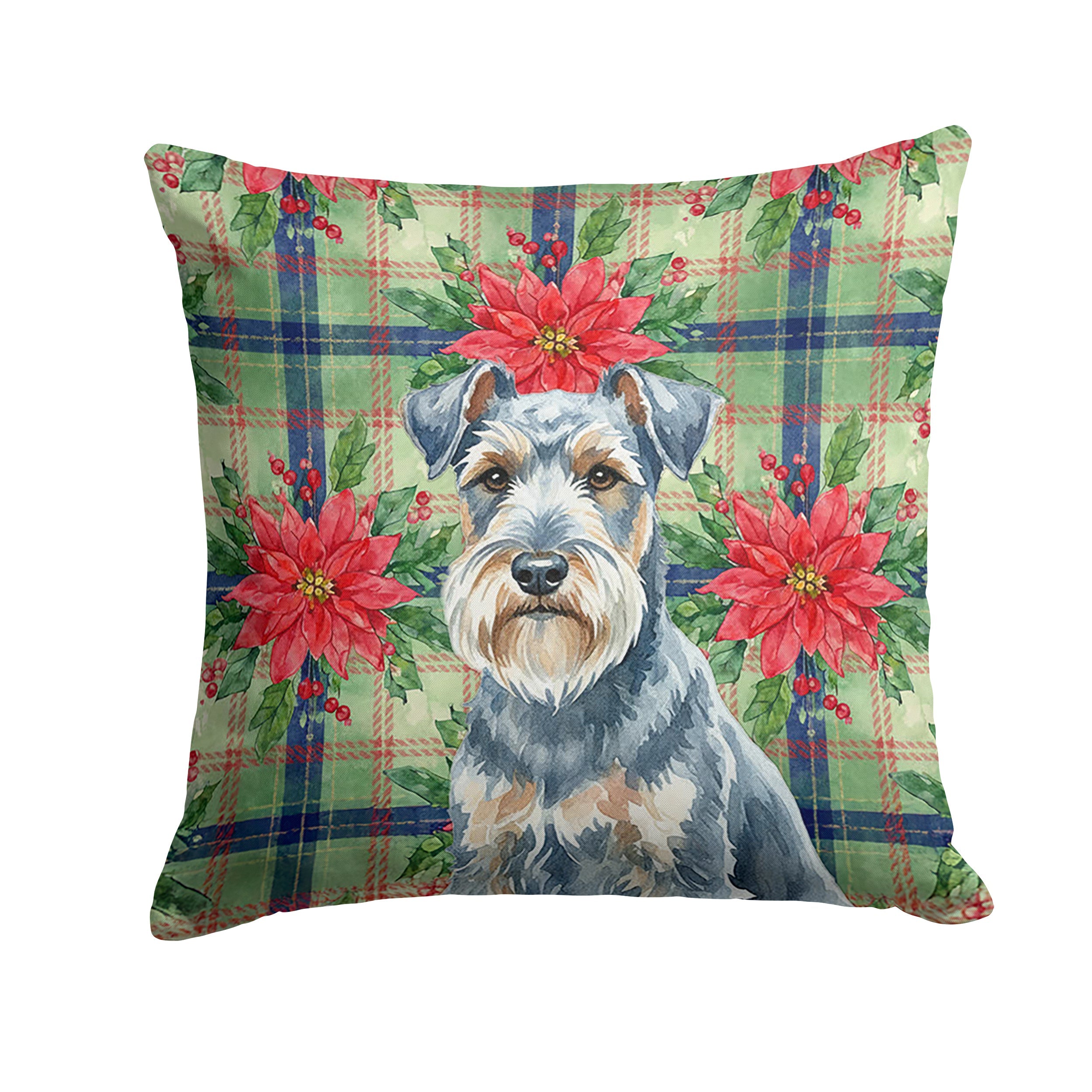 Blue Lakeland Terrier Christmas PoinsettIas Decorative Throw Pillow 14x14 Indoor Outdoor Accent Cushion, Fabric Cover with Insert for Sofa, Bed, Porch & Living Room