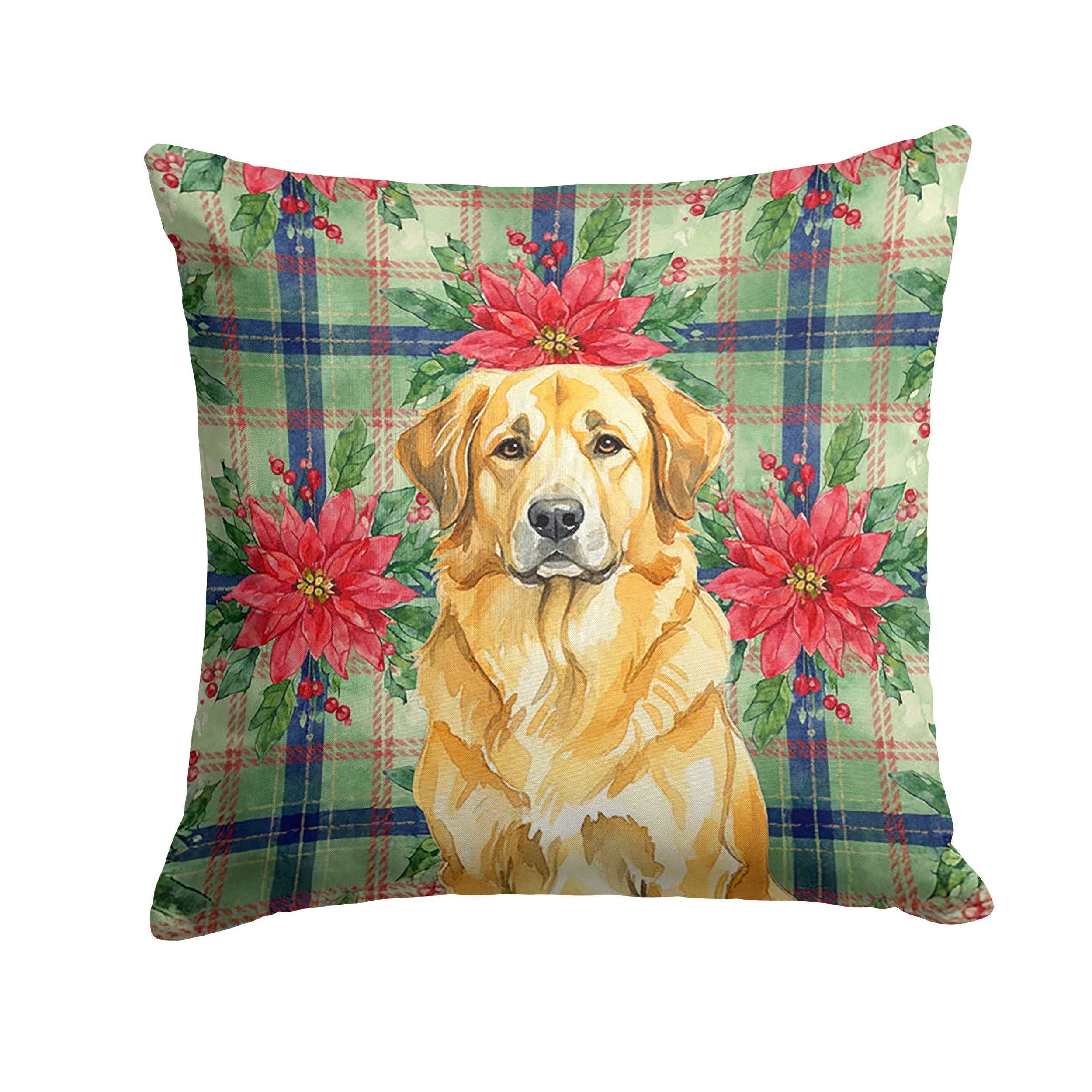 Lion Yellow Leonberger Christmas PoinsettIas Decorative Throw Pillow 14x14 Indoor Outdoor Accent Cushion, Fabric Cover with Insert for Sofa, Bed, Porch & Living Room