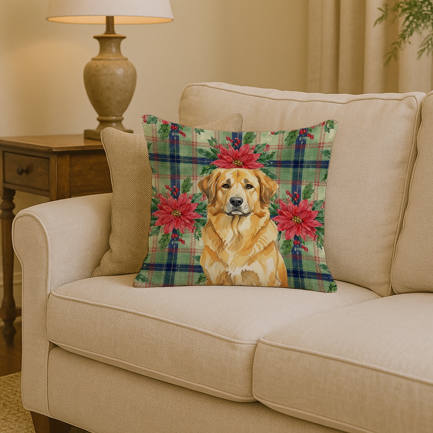 Lion Yellow Leonberger Christmas PoinsettIas Decorative Throw Pillow 14x14 Indoor Outdoor Accent Cushion, Fabric Cover with Insert for Sofa, Bed, Porch & Living Room