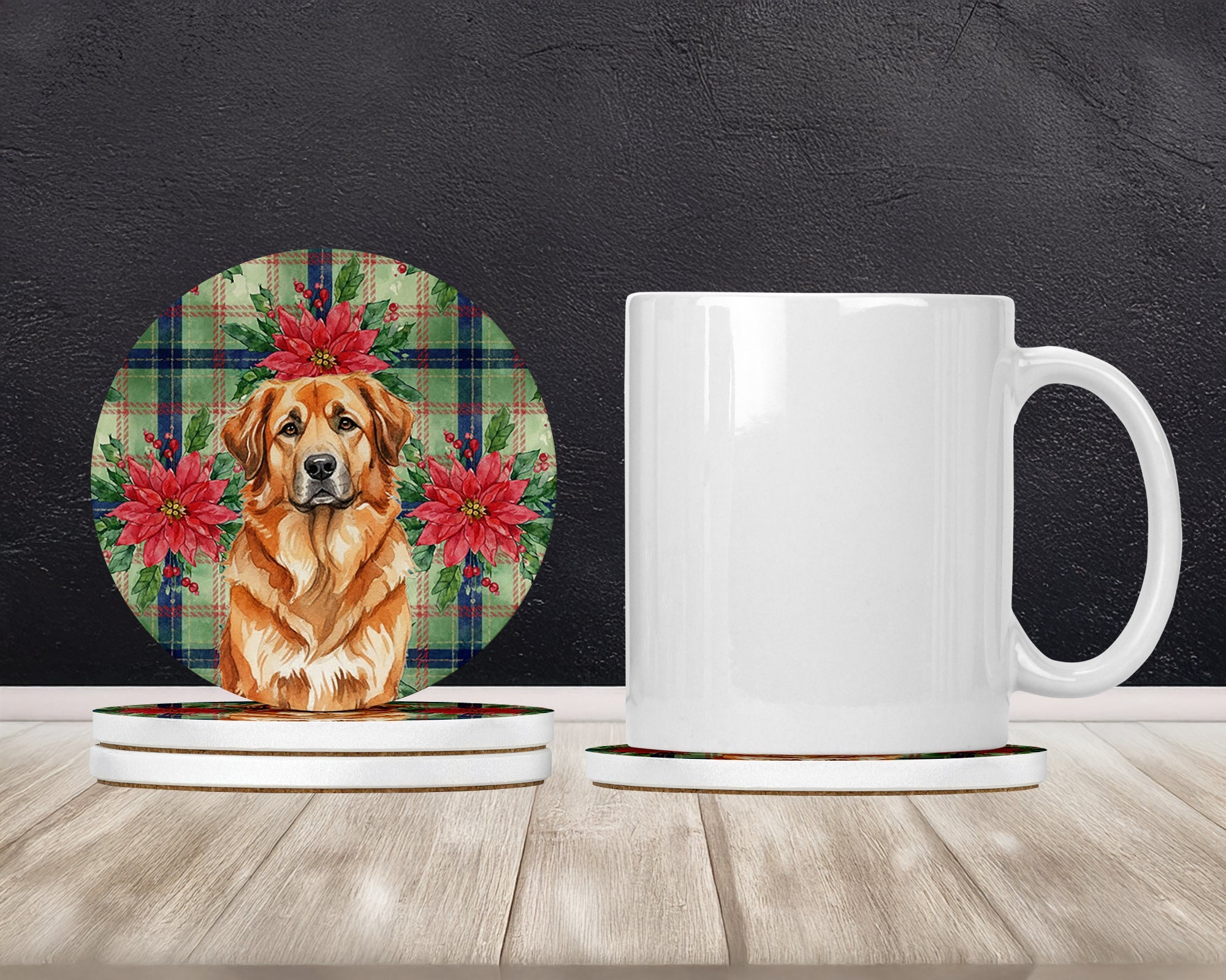 Red Leonberger Christmas PoinsettIas Large Sandstone Coasters Pack of 4 Absorbent Round Coasters Decor Gifts for Men or Women, 4 in, Multicolor