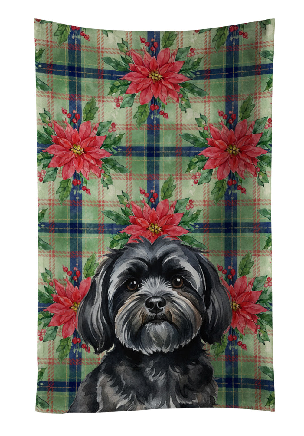 Black Lhasa Apso Christmas PoinsettIas Kitchen Towel Velour Plush Front and Cotton Loop Back Machine Washable