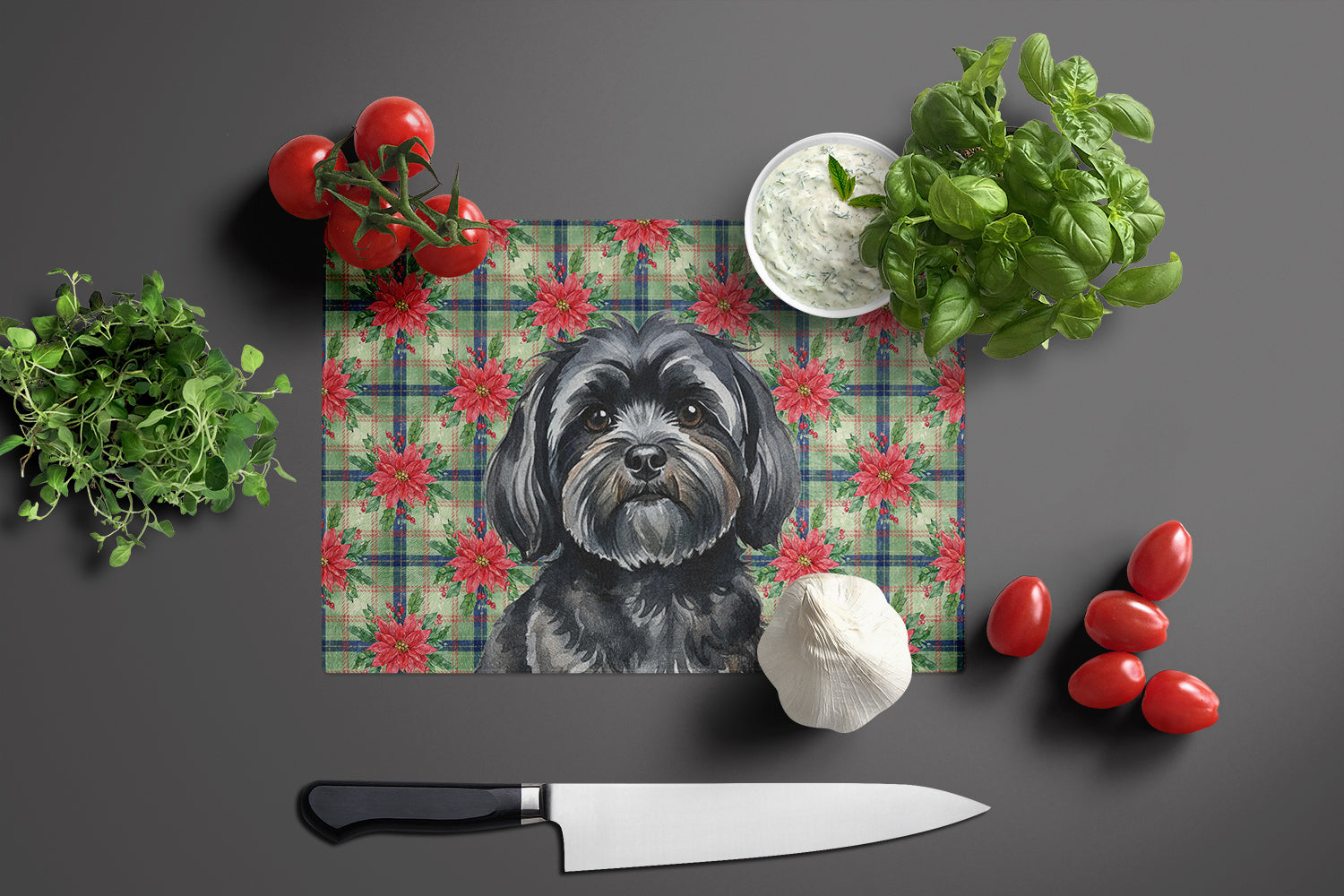 Black Lhasa Apso Christmas PoinsettIas Cutting Board Tempered Glass Kitchen Cutting Surface, Heat Resistant Chopping, Non-Slip Feet, Food Prep & Serving