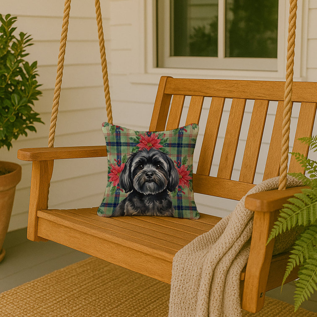 Black Lhasa Apso Christmas PoinsettIas Decorative Throw Pillow 14x14 Indoor Outdoor Accent Cushion, Fabric Cover with Insert for Sofa, Bed, Porch & Living Room
