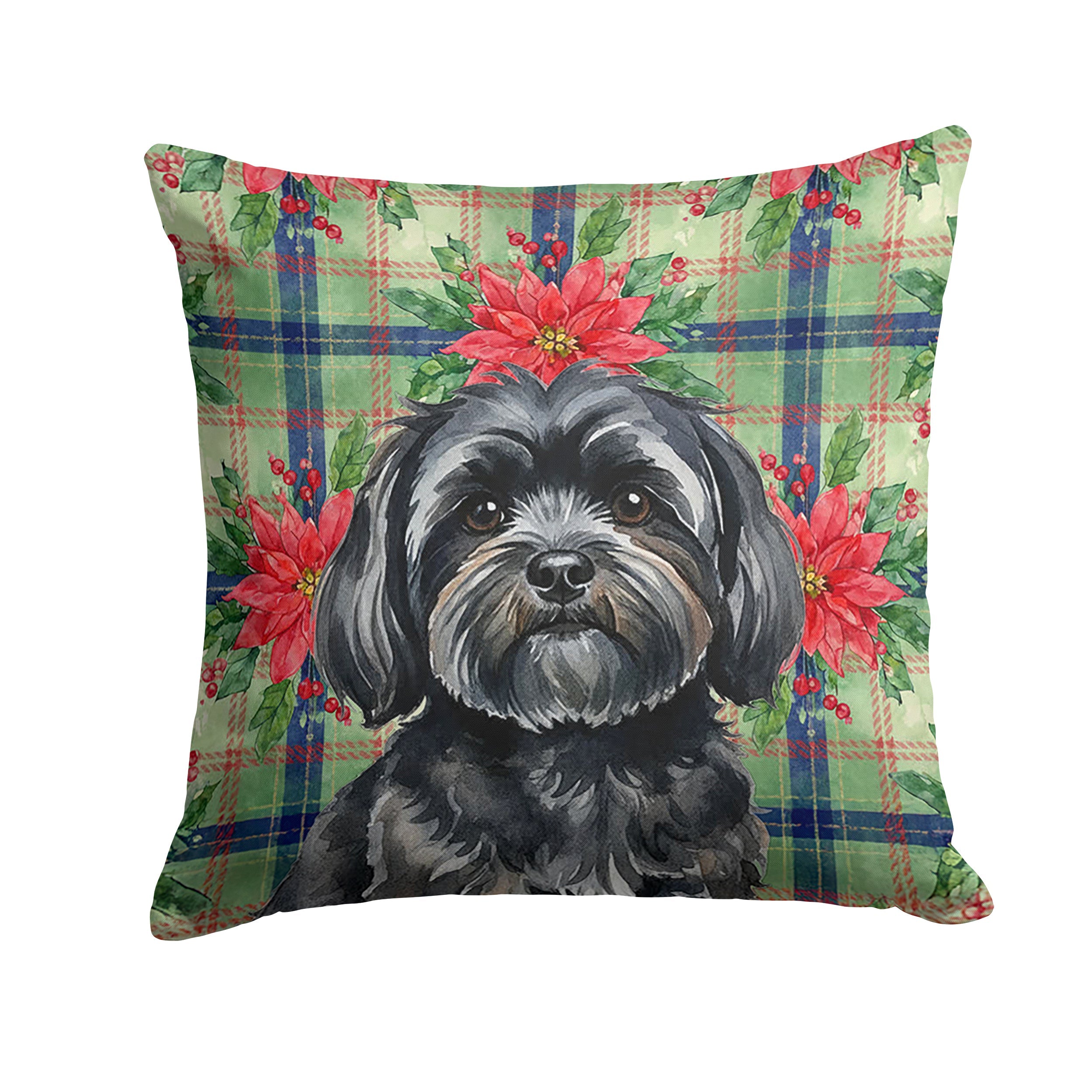Black Lhasa Apso Christmas PoinsettIas Decorative Throw Pillow 18x18 Indoor Outdoor Accent Cushion, Fabric Cover with Insert for Sofa, Bed, Porch & Living Room