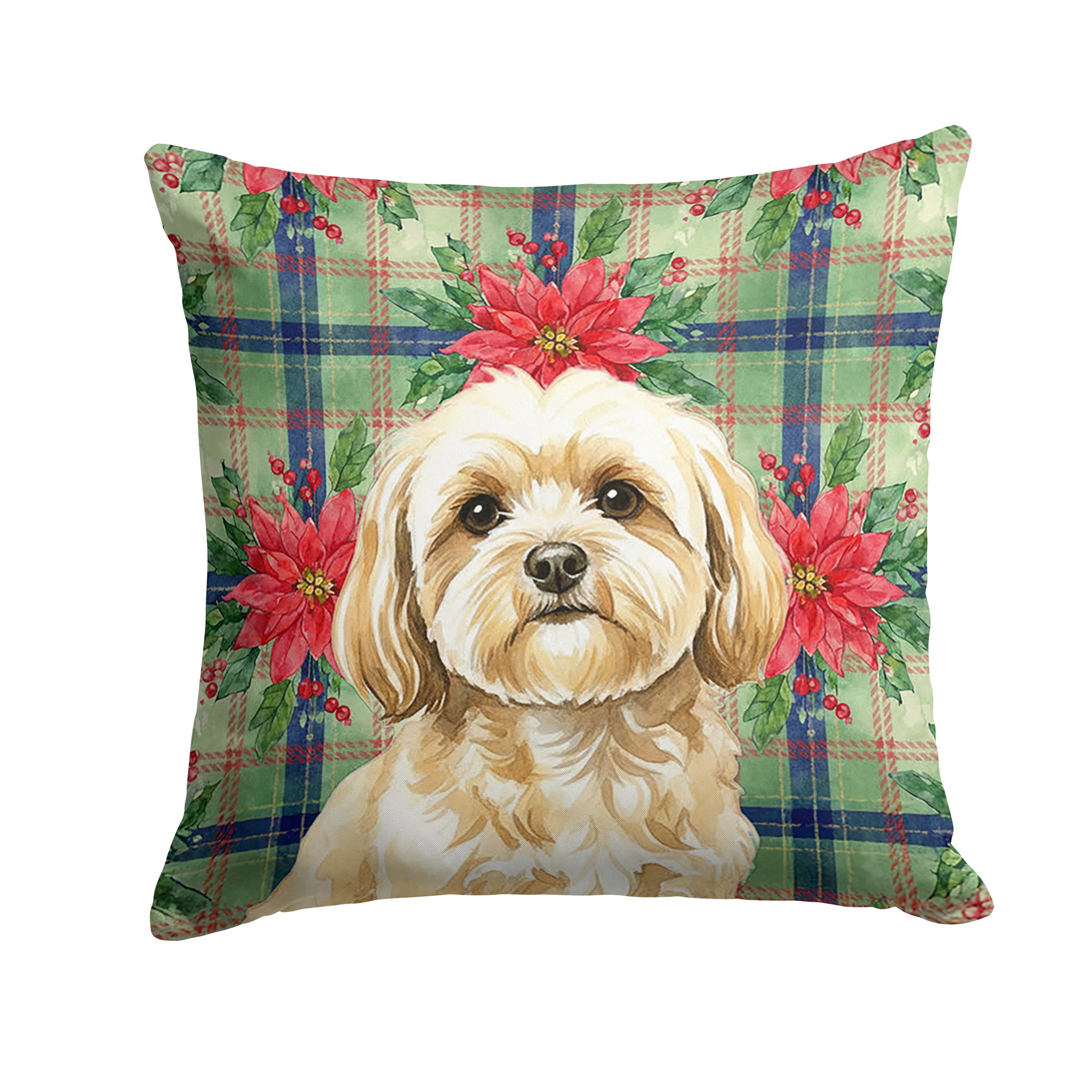 Cream Lhasa Apso Christmas PoinsettIas Decorative Throw Pillow 18x18 Indoor Outdoor Accent Cushion, Fabric Cover with Insert for Sofa, Bed, Porch & Living Room