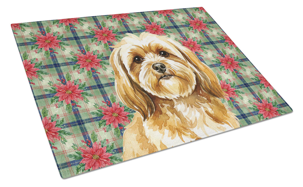 Gold Lhasa Apso Christmas PoinsettIas Cutting Board Tempered Glass Kitchen Cutting Surface, Heat Resistant Chopping, Non-Slip Feet, Food Prep & Serving