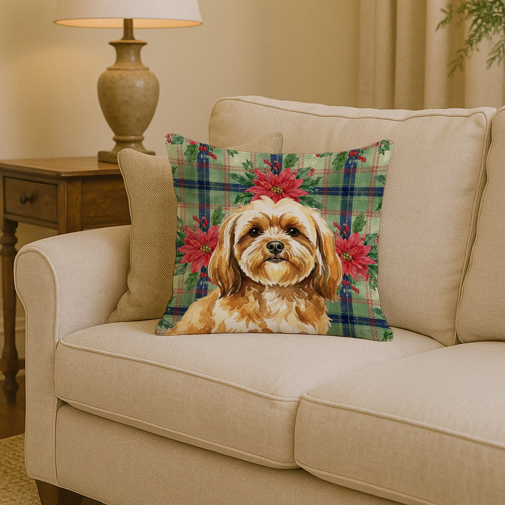 Gold Lhasa Apso Christmas PoinsettIas Decorative Throw Pillow 14x14 Indoor Outdoor Accent Cushion, Fabric Cover with Insert for Sofa, Bed, Porch & Living Room