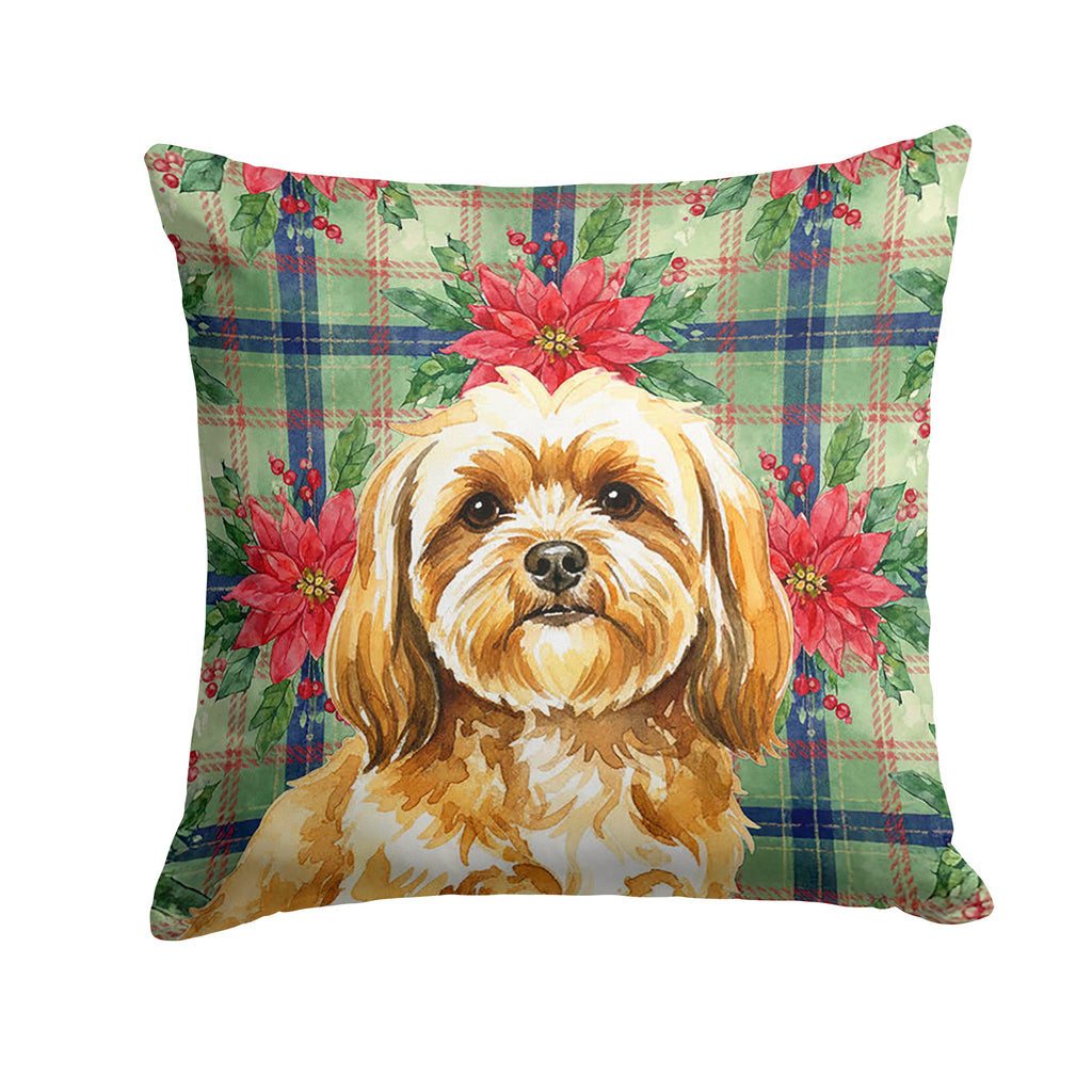 Gold Lhasa Apso Christmas PoinsettIas Decorative Throw Pillow 18x18 Indoor Outdoor Accent Cushion, Fabric Cover with Insert for Sofa, Bed, Porch & Living Room