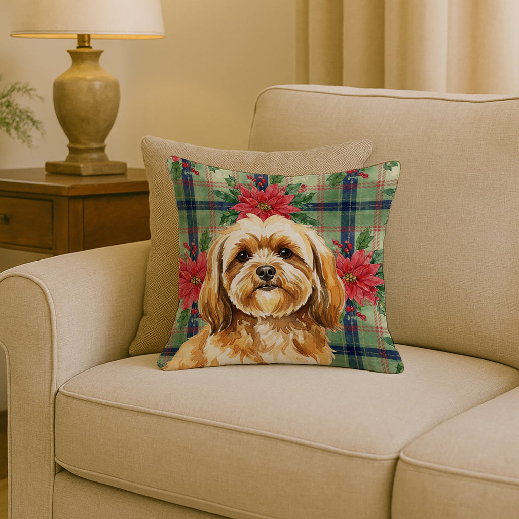 Gold Lhasa Apso Christmas PoinsettIas Decorative Throw Pillow 18x18 Indoor Outdoor Accent Cushion, Fabric Cover with Insert for Sofa, Bed, Porch & Living Room