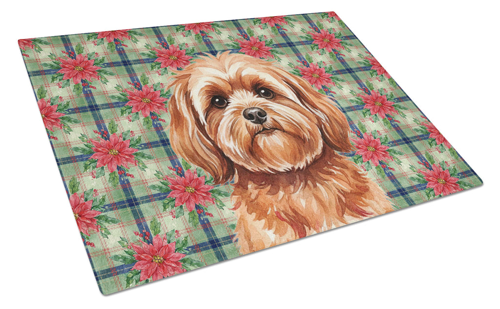Red Lhasa Apso Christmas PoinsettIas Cutting Board Tempered Glass Kitchen Cutting Surface, Heat Resistant Chopping, Non-Slip Feet, Food Prep & Serving
