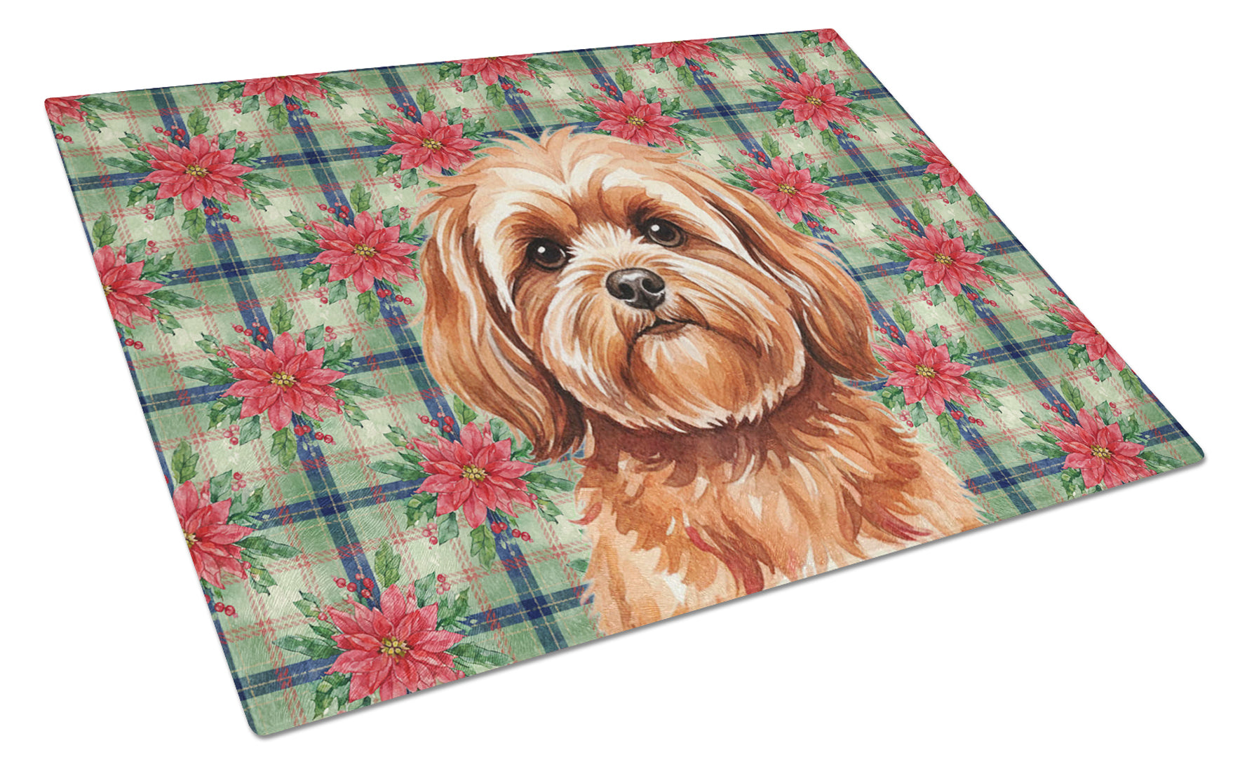 Red Lhasa Apso Christmas PoinsettIas Cutting Board Tempered Glass Kitchen Cutting Surface, Heat Resistant Chopping, Non-Slip Feet, Food Prep & Serving