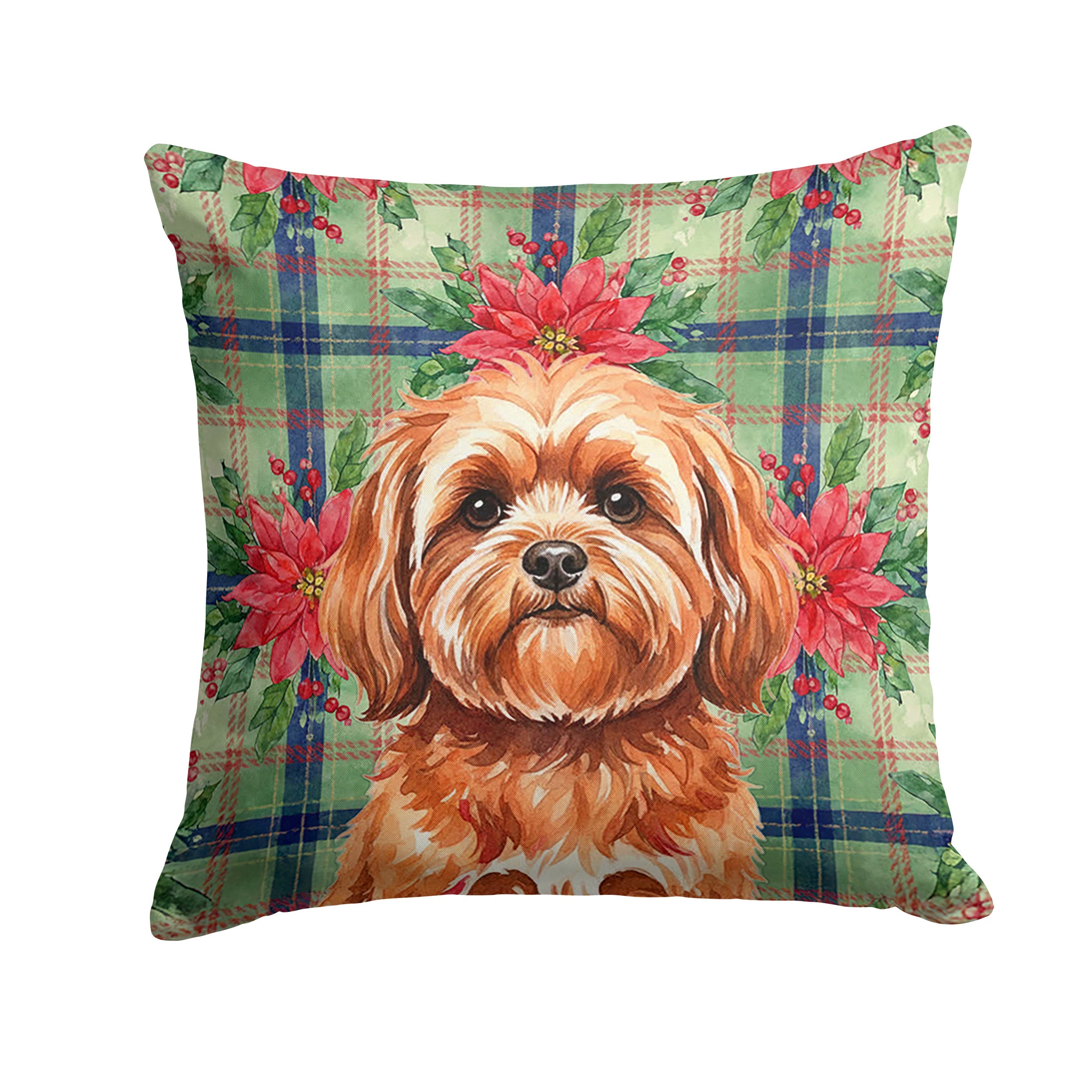 Red Lhasa Apso Christmas PoinsettIas Decorative Throw Pillow 14x14 Indoor Outdoor Accent Cushion, Fabric Cover with Insert for Sofa, Bed, Porch & Living Room