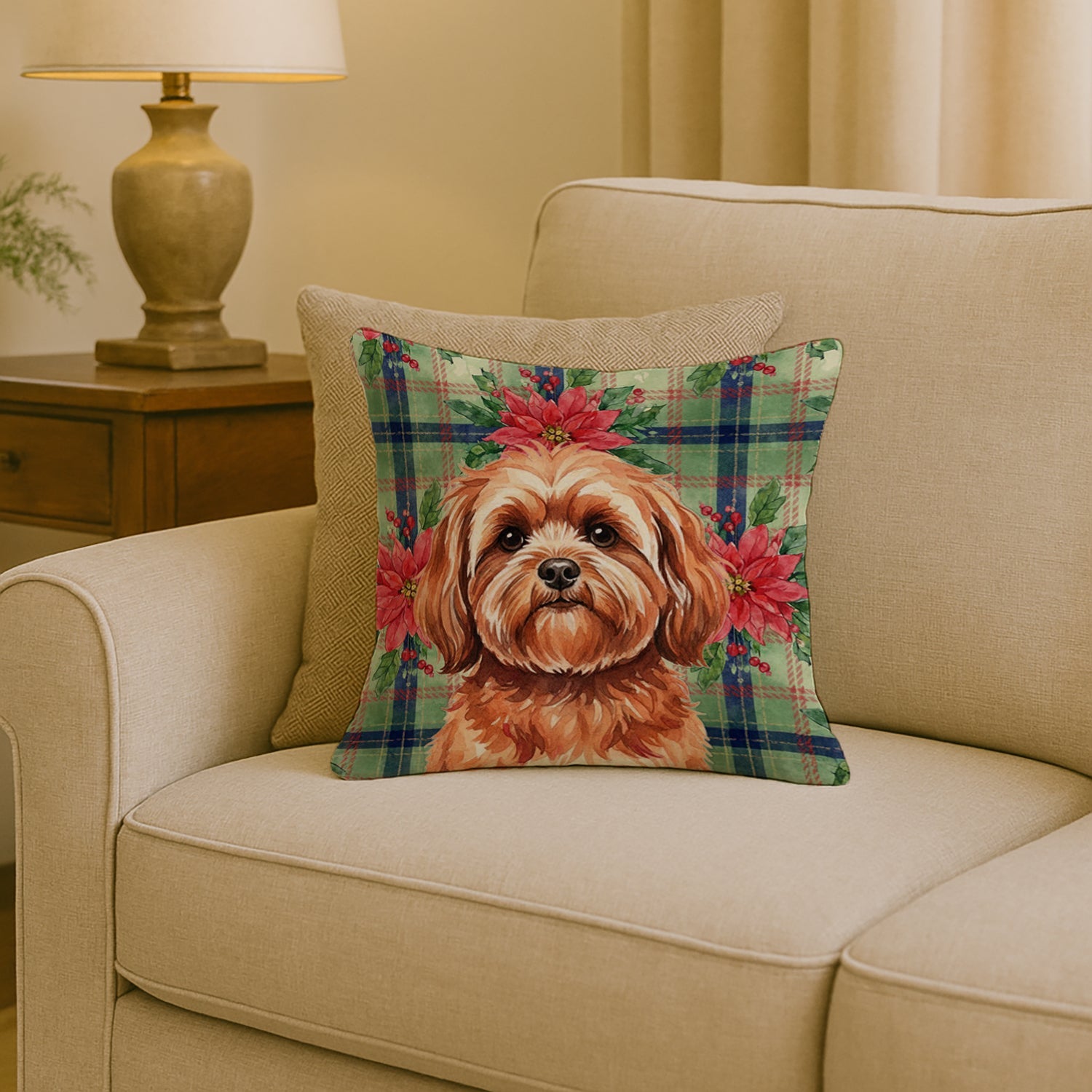 Red Lhasa Apso Christmas PoinsettIas Decorative Throw Pillow 18x18 Indoor Outdoor Accent Cushion, Fabric Cover with Insert for Sofa, Bed, Porch & Living Room