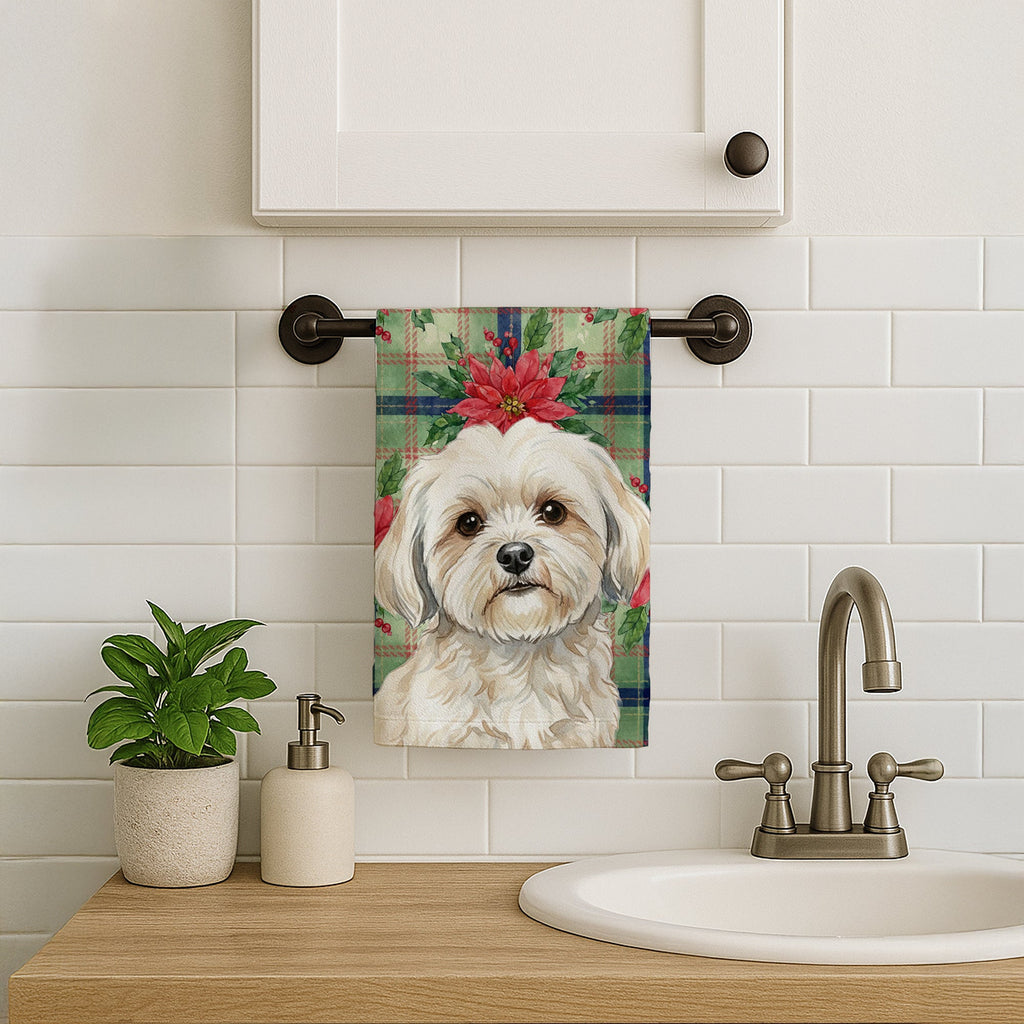 White Lhasa Apso Christmas PoinsettIas Kitchen Towel Velour Plush Front and Cotton Loop Back Machine Washable