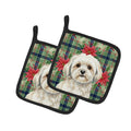 White Lhasa Apso Christmas PoinsettIas Pot Holder Set of 2 Heat Resistant Quilted Hot Pads 7.5 x 7.5 Inch, Insulated Kitchen Trivets for Cooking & Baking