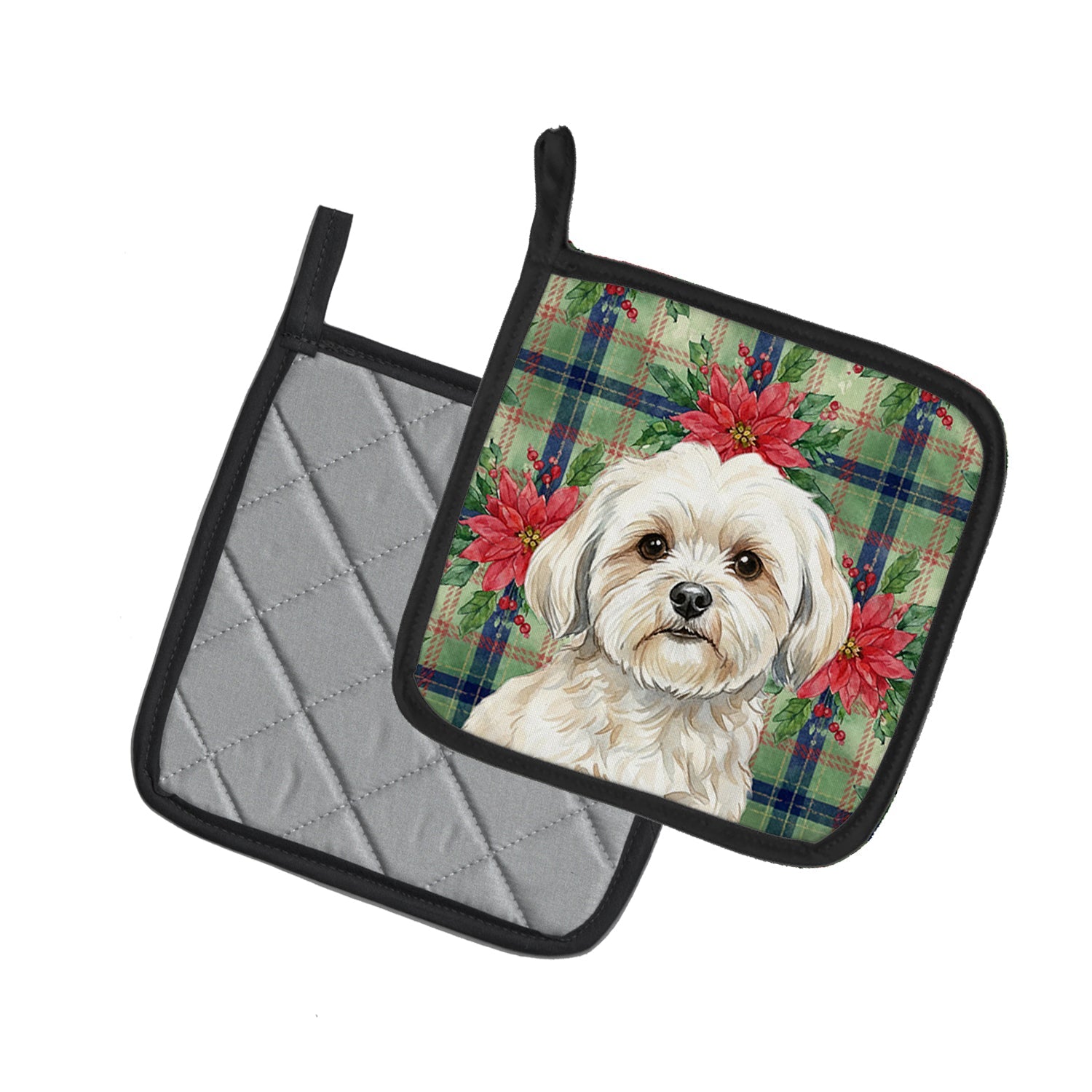 White Lhasa Apso Christmas PoinsettIas Pot Holder Set of 2 Heat Resistant Quilted Hot Pads 7.5 x 7.5 Inch, Insulated Kitchen Trivets for Cooking & Baking