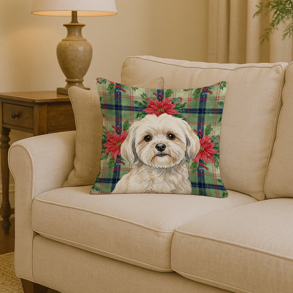 White Lhasa Apso Christmas PoinsettIas Decorative Throw Pillow 14x14 Indoor Outdoor Accent Cushion, Fabric Cover with Insert for Sofa, Bed, Porch & Living Room