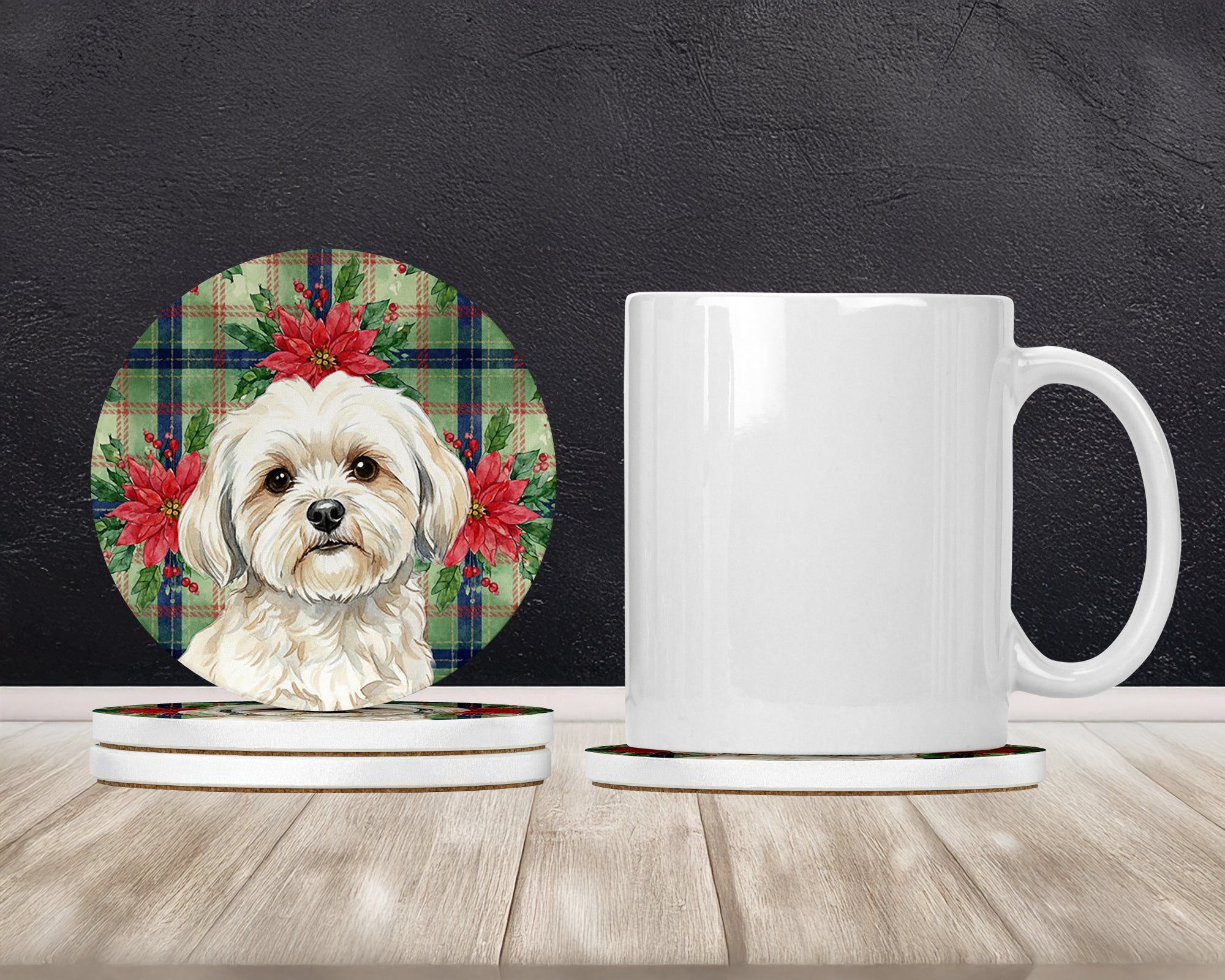 White Lhasa Apso Christmas PoinsettIas Large Sandstone Coasters Pack of 4 Absorbent Round Coasters Decor Gifts for Men or Women, 4 in, Multicolor