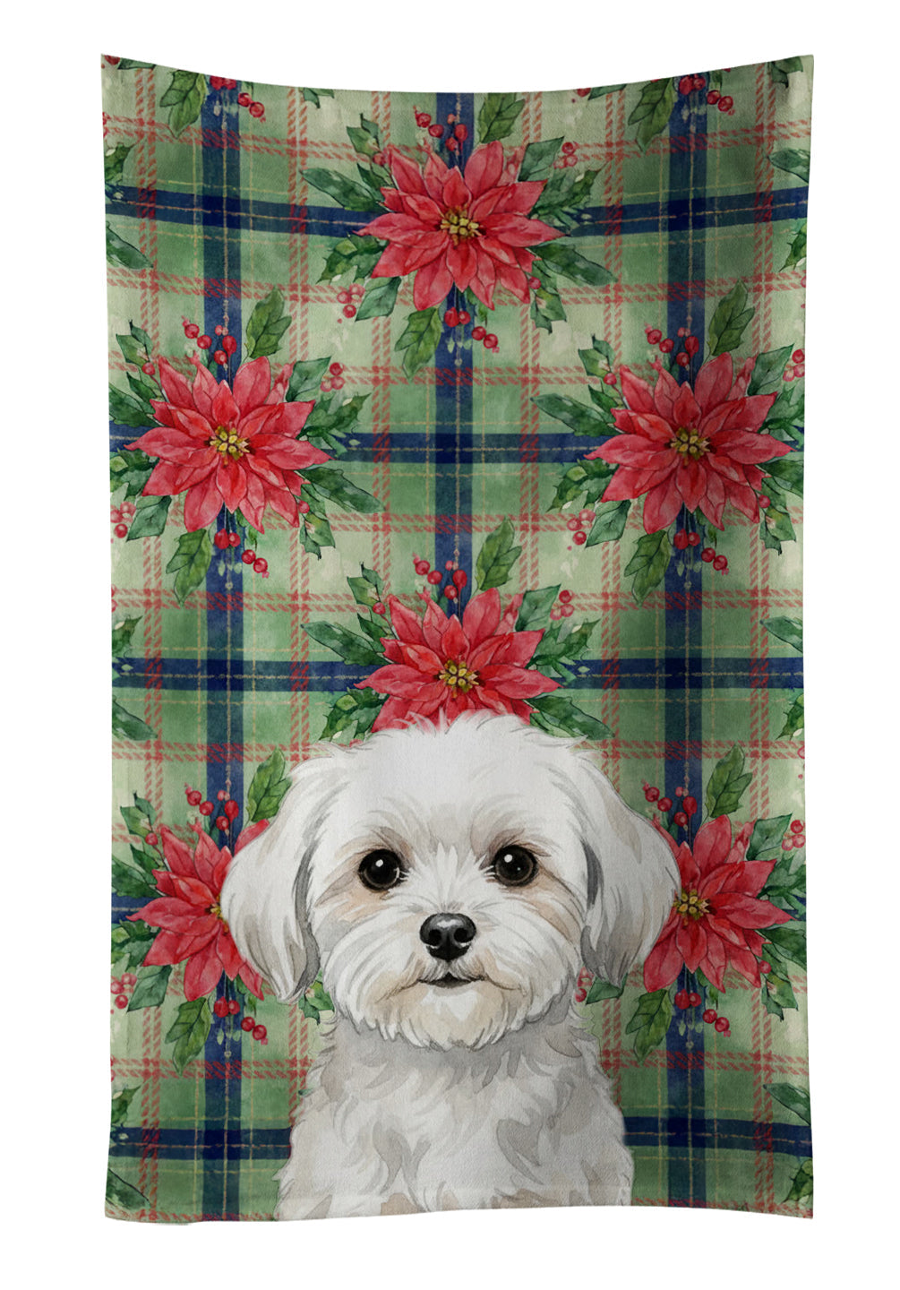 Maltese Christmas PoinsettIas Kitchen Towel Velour Plush Front and Cotton Loop Back Machine Washable