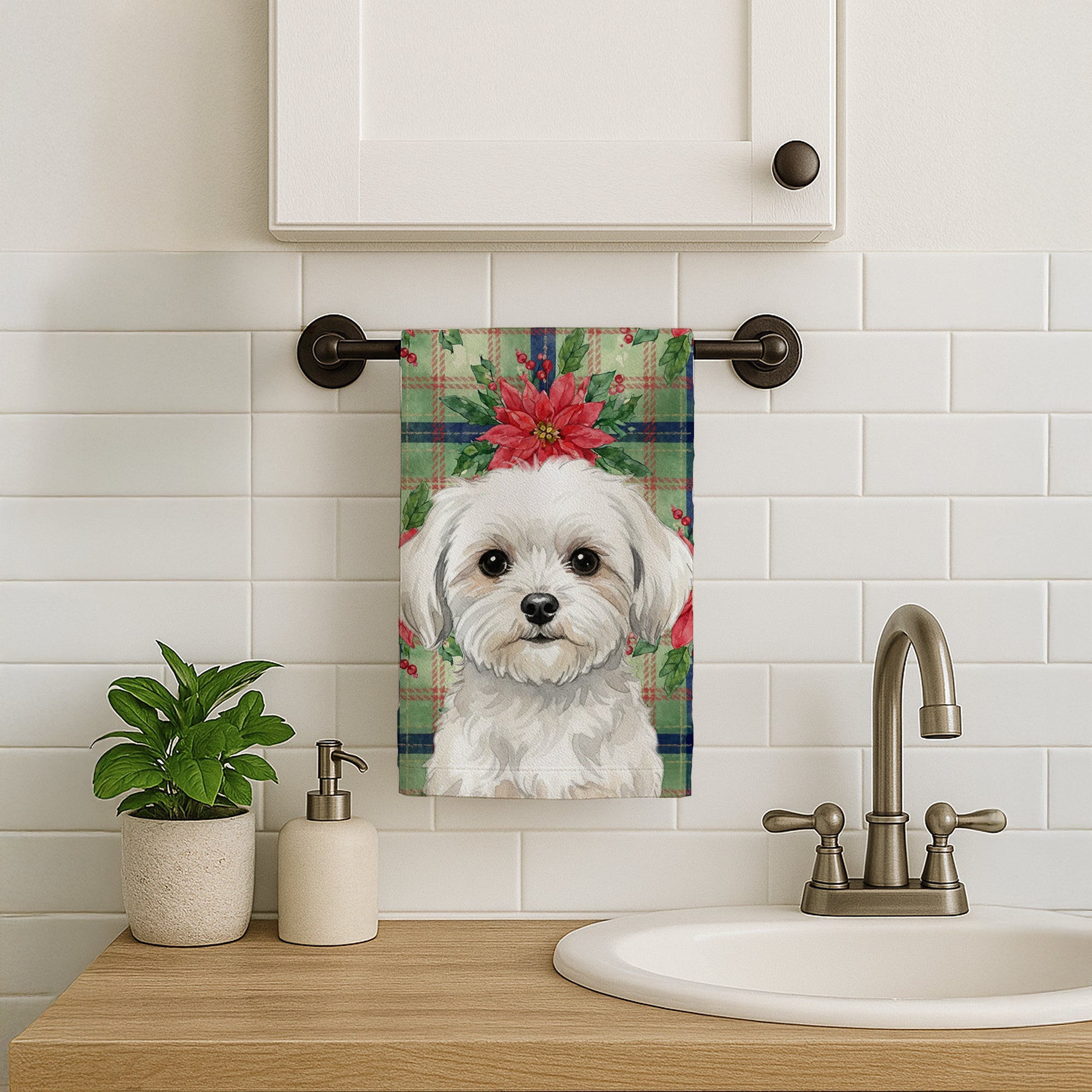 Maltese Christmas PoinsettIas Kitchen Towel Velour Plush Front and Cotton Loop Back Machine Washable