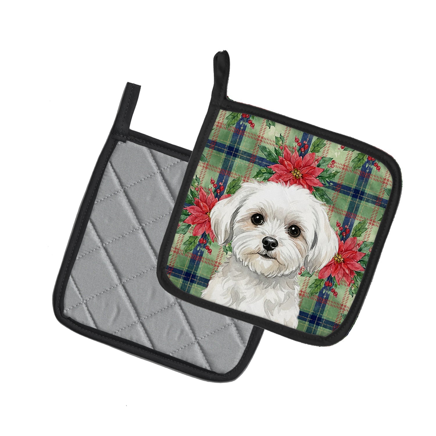 Maltese Christmas PoinsettIas Pot Holder Set of 2 Heat Resistant Quilted Hot Pads 7.5 x 7.5 Inch, Insulated Kitchen Trivets for Cooking & Baking