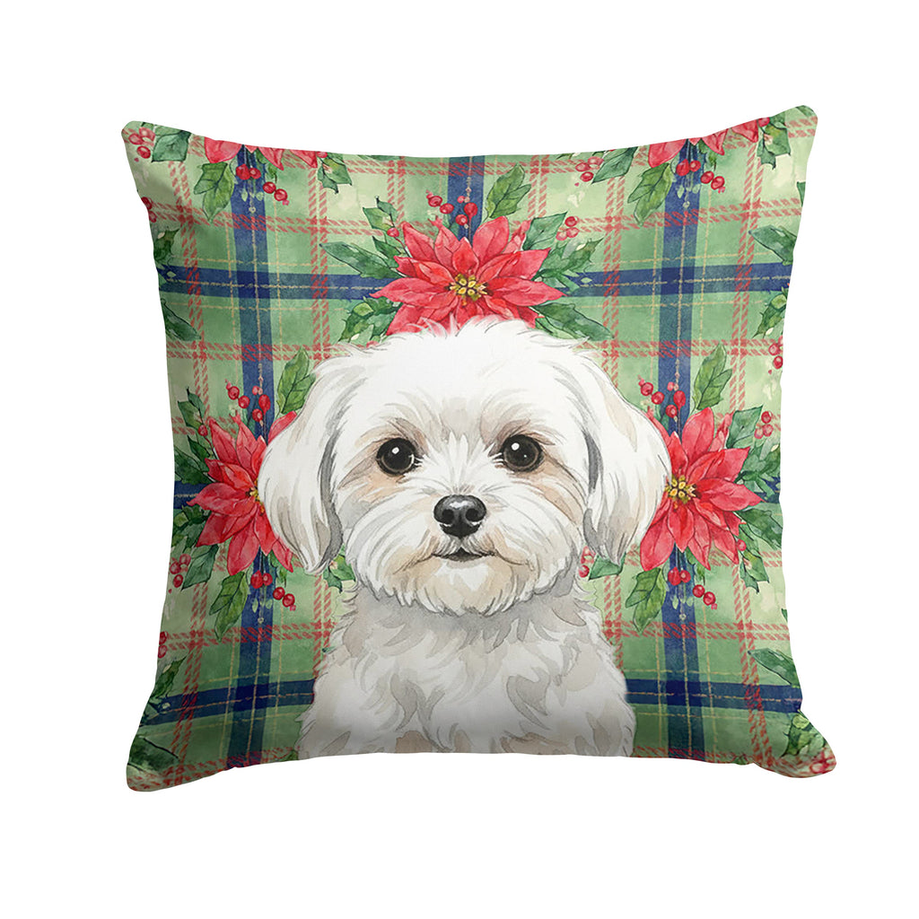 Maltese Christmas PoinsettIas Decorative Throw Pillow 18x18 Indoor Outdoor Accent Cushion, Fabric Cover with Insert for Sofa, Bed, Porch & Living Room
