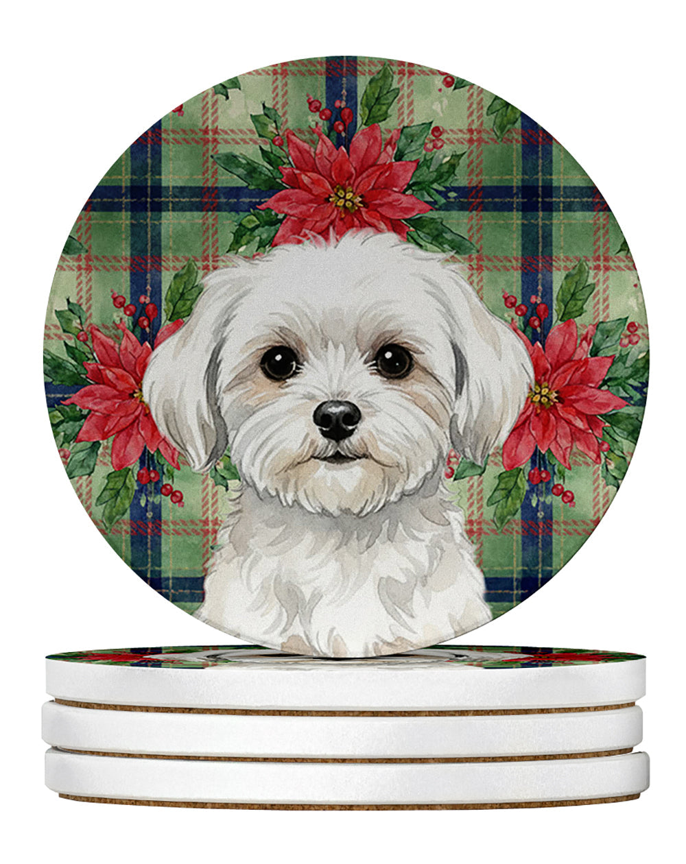 Maltese Christmas PoinsettIas Large Sandstone Coasters Pack of 4 Absorbent Round Coasters Decor Gifts for Men or Women, 4 in, Multicolor