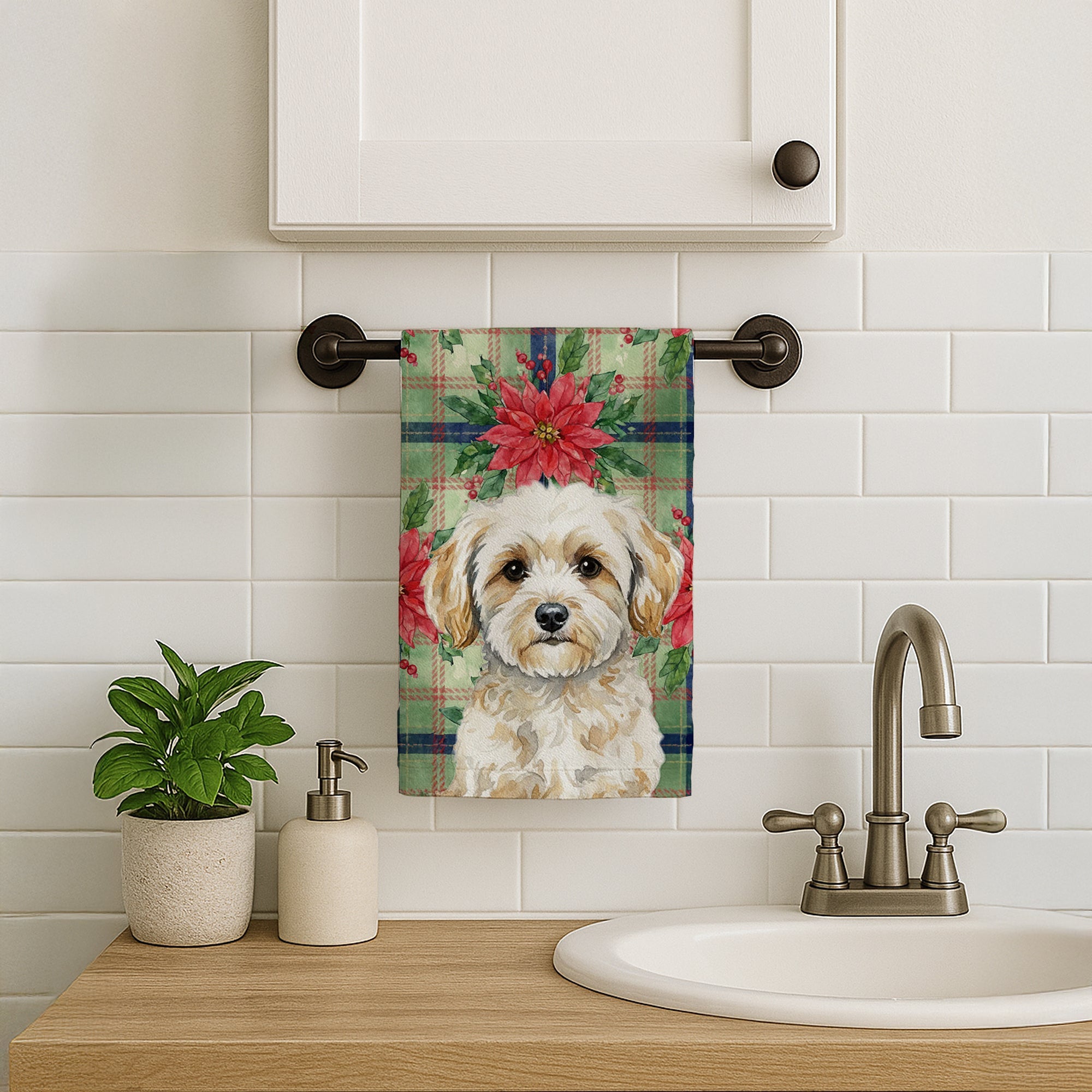 Maltipoo Christmas PoinsettIas Kitchen Towel Velour Plush Front and Cotton Loop Back Machine Washable