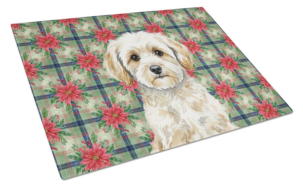 Maltipoo Christmas PoinsettIas Cutting Board Tempered Glass Kitchen Cutting Surface, Heat Resistant Chopping, Non-Slip Feet, Food Prep & Serving