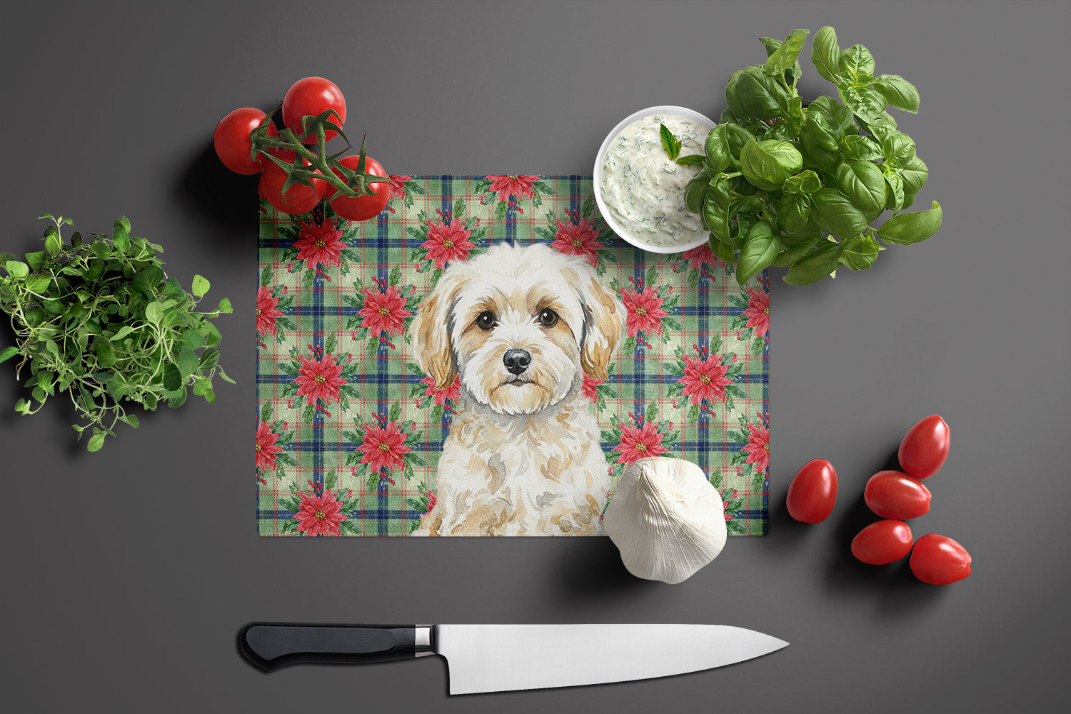 Maltipoo Christmas PoinsettIas Cutting Board Tempered Glass Kitchen Cutting Surface, Heat Resistant Chopping, Non-Slip Feet, Food Prep & Serving