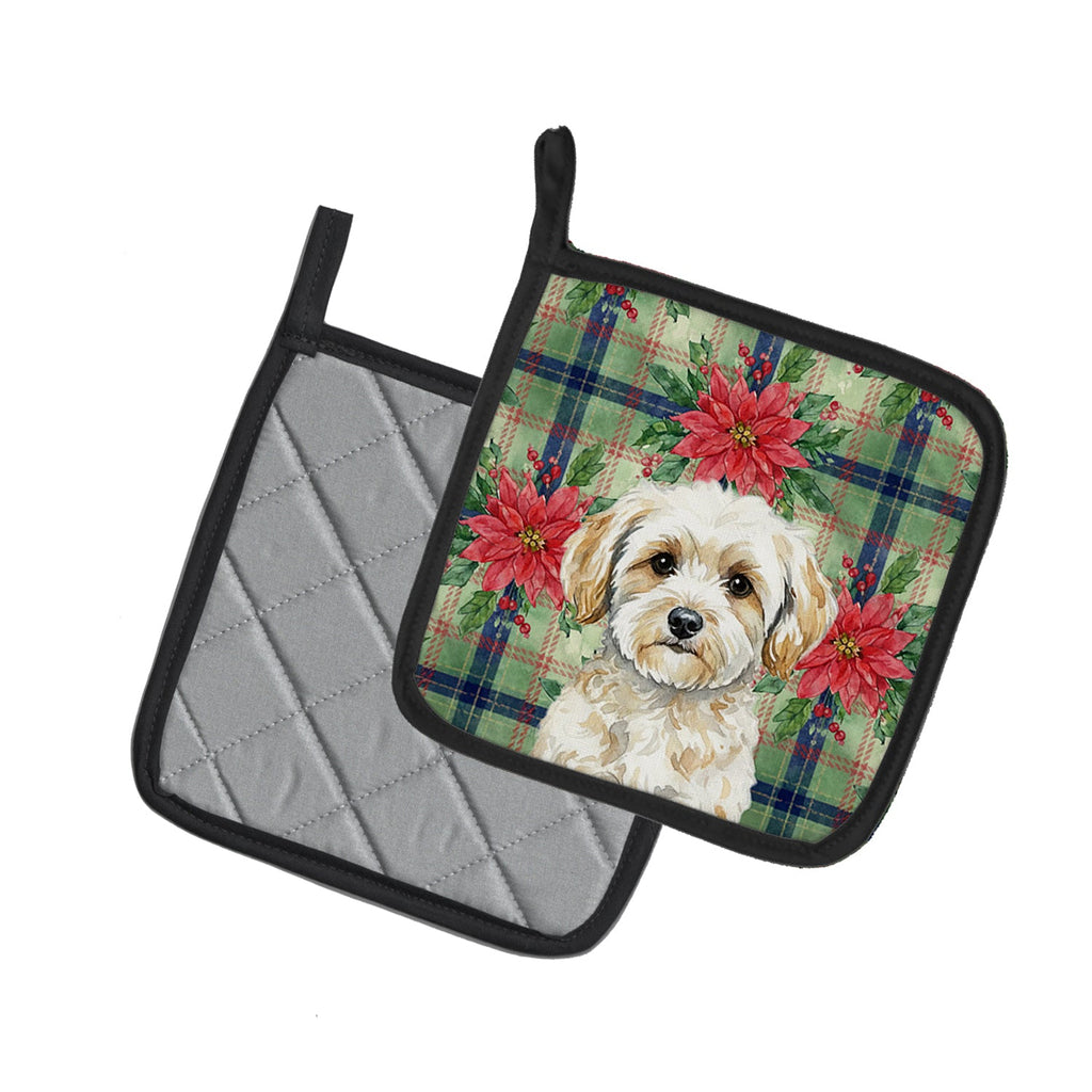 Maltipoo Christmas PoinsettIas Pot Holder Set of 2 Heat Resistant Quilted Hot Pads 7.5 x 7.5 Inch, Insulated Kitchen Trivets for Cooking & Baking