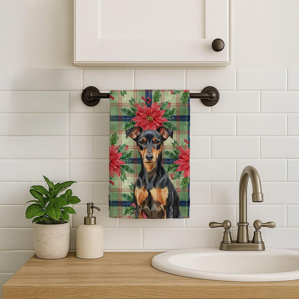 Manchester Terrier Christmas PoinsettIas Kitchen Towel Velour Plush Front and Cotton Loop Back Machine Washable