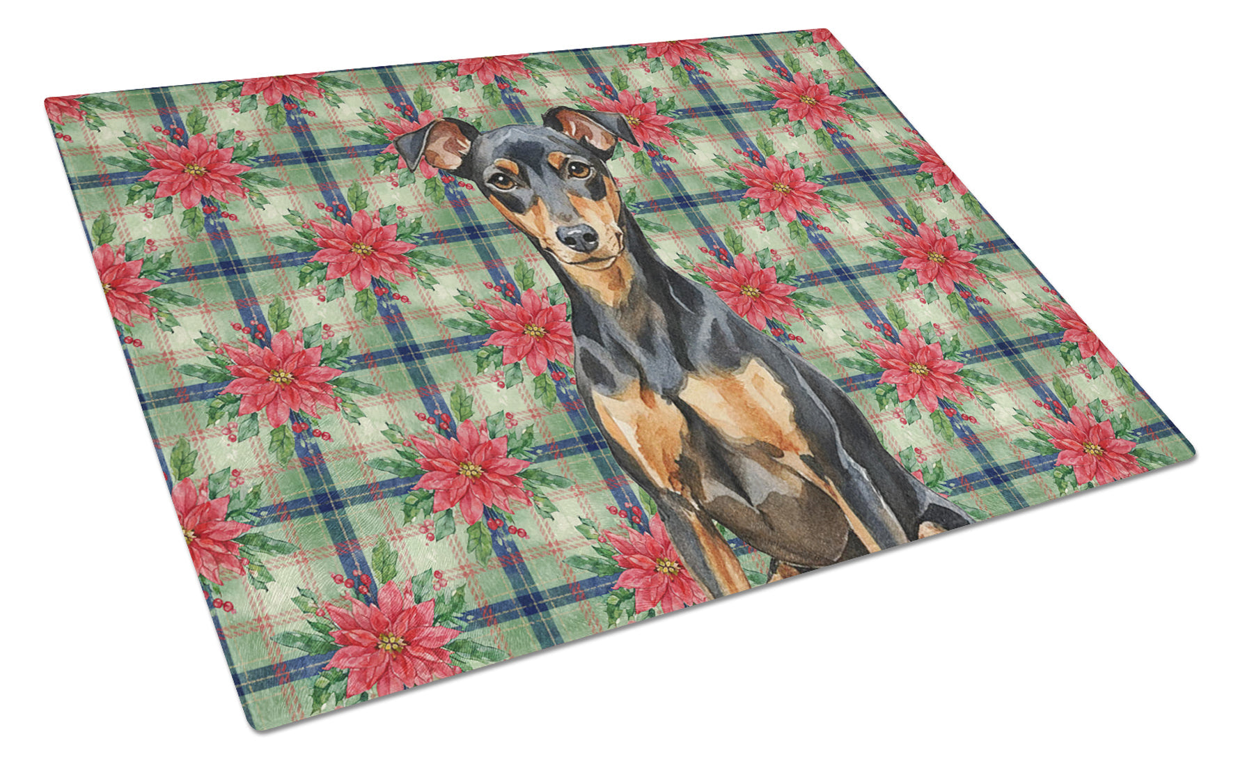 Manchester Terrier Christmas PoinsettIas Cutting Board Tempered Glass Kitchen Cutting Surface, Heat Resistant Chopping, Non-Slip Feet, Food Prep & Serving