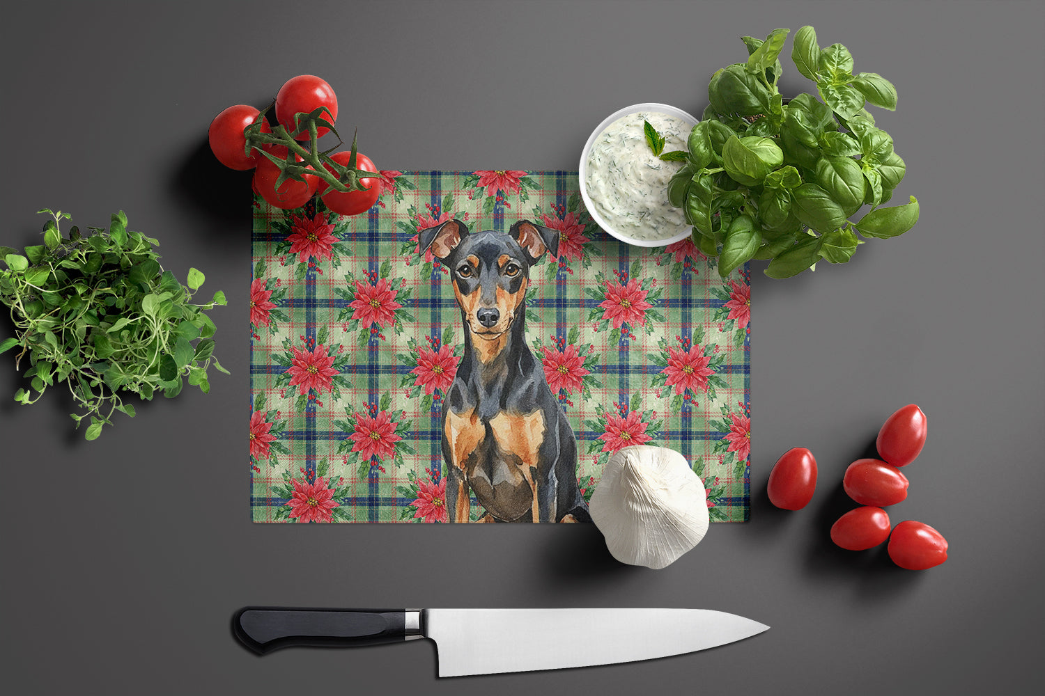 Manchester Terrier Christmas PoinsettIas Cutting Board Tempered Glass Kitchen Cutting Surface, Heat Resistant Chopping, Non-Slip Feet, Food Prep & Serving