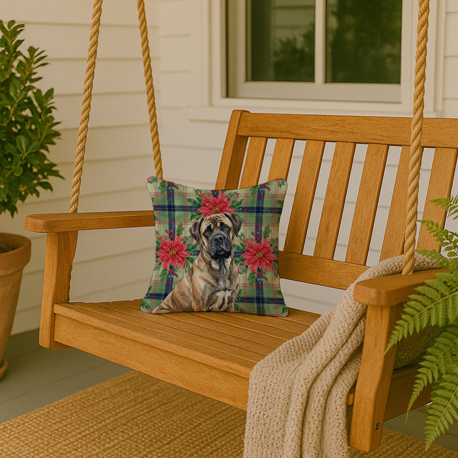 Brindle Mastiff Christmas PoinsettIas Decorative Throw Pillow 14x14 Indoor Outdoor Accent Cushion, Fabric Cover with Insert for Sofa, Bed, Porch & Living Room