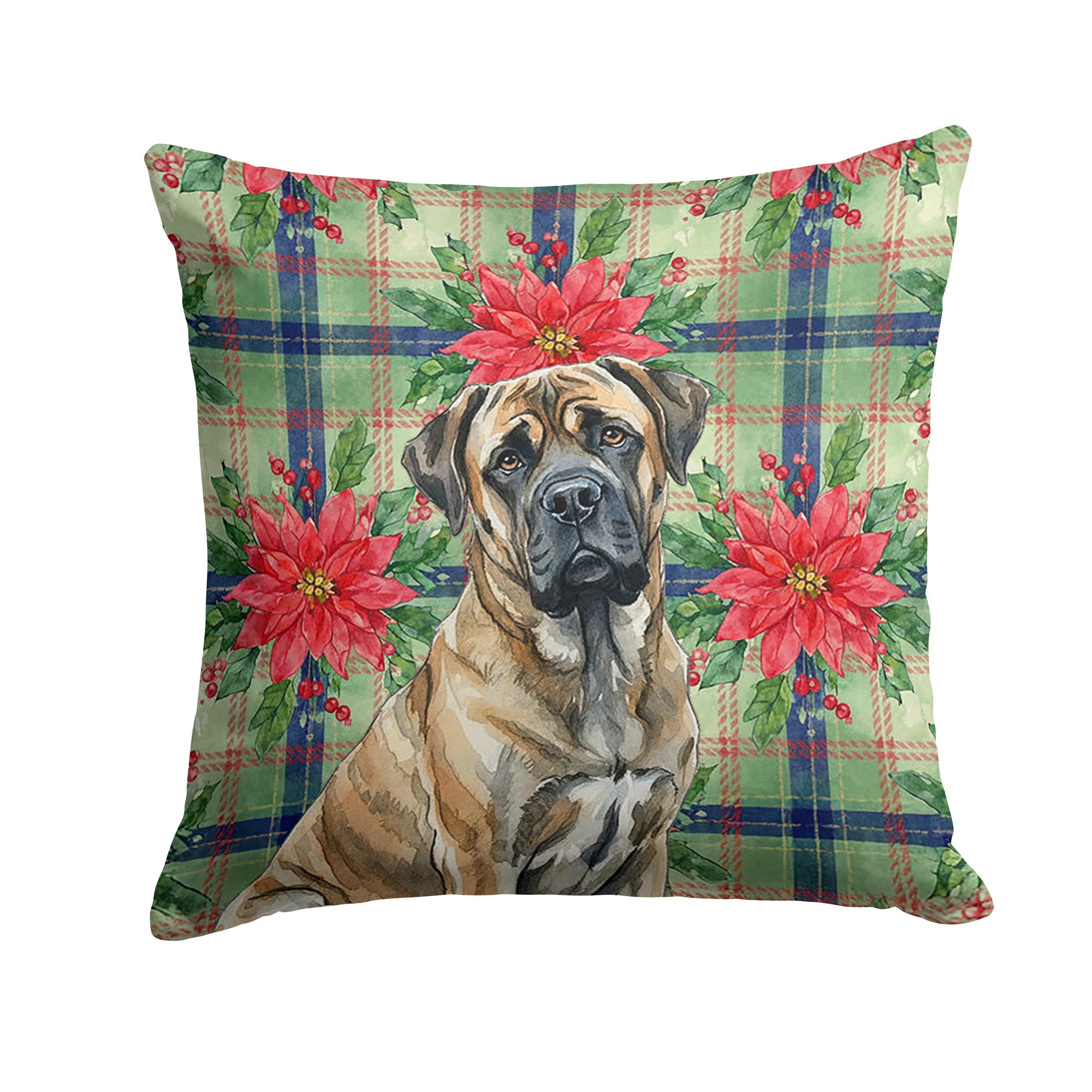 Brindle Mastiff Christmas PoinsettIas Decorative Throw Pillow 18x18 Indoor Outdoor Accent Cushion, Fabric Cover with Insert for Sofa, Bed, Porch & Living Room