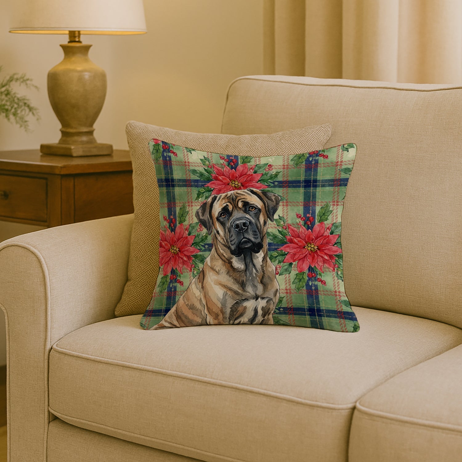 Brindle Mastiff Christmas PoinsettIas Decorative Throw Pillow 18x18 Indoor Outdoor Accent Cushion, Fabric Cover with Insert for Sofa, Bed, Porch & Living Room