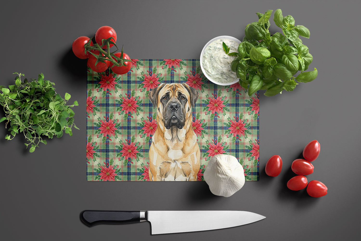 Fawn Mastiff Christmas PoinsettIas Cutting Board Tempered Glass Kitchen Cutting Surface, Heat Resistant Chopping, Non-Slip Feet, Food Prep & Serving
