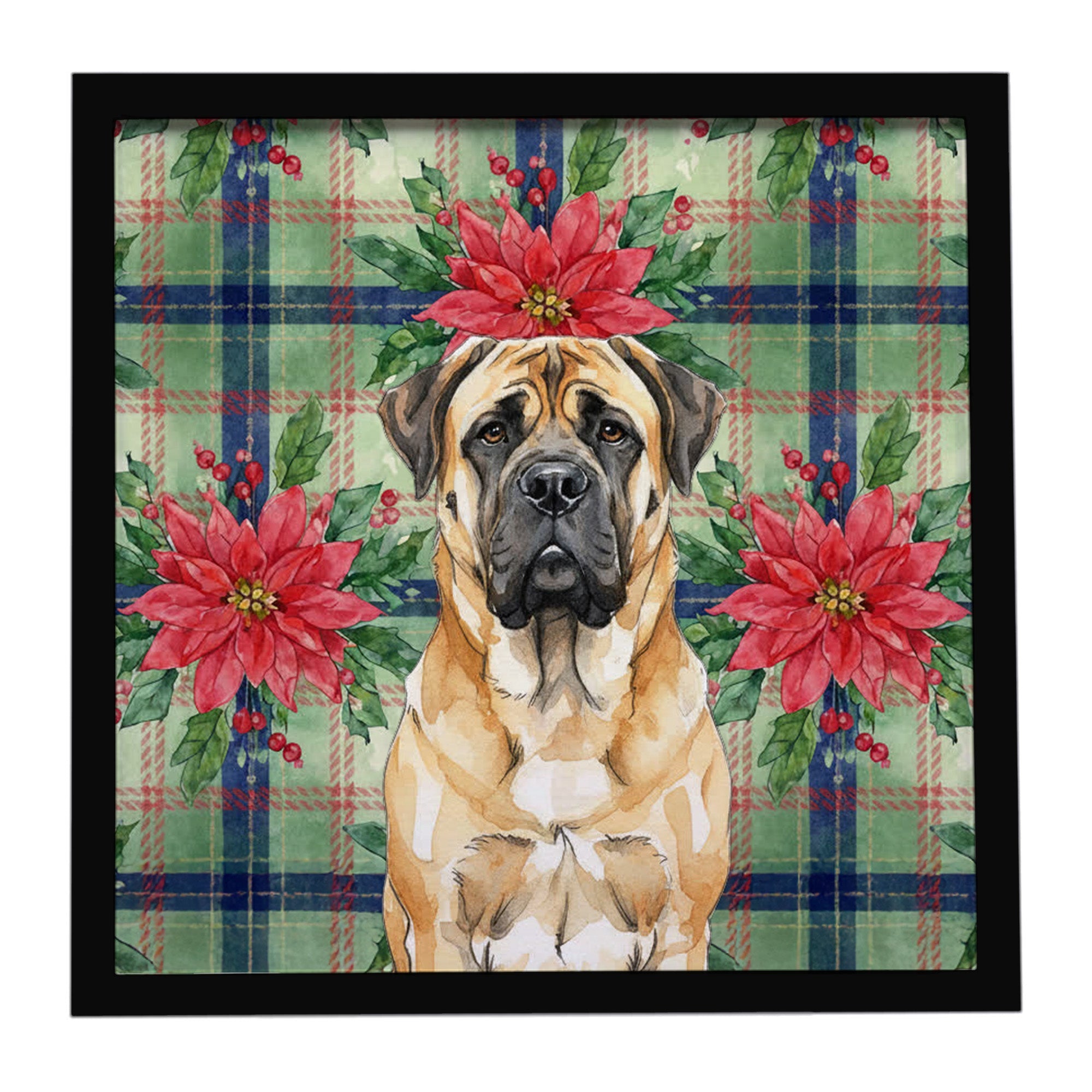 Fawn Mastiff Christmas PoinsettIas Framed Metal Print Bathroom, Kitchen, Office, Home Decor Wall Art Ready to Hang, Square, 8X8