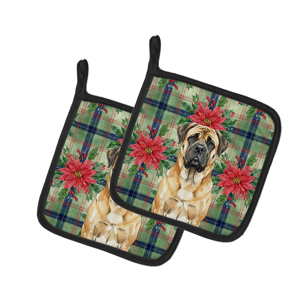 Fawn Mastiff Christmas PoinsettIas Pot Holder Set of 2 Heat Resistant Quilted Hot Pads 7.5 x 7.5 Inch, Insulated Kitchen Trivets for Cooking & Baking
