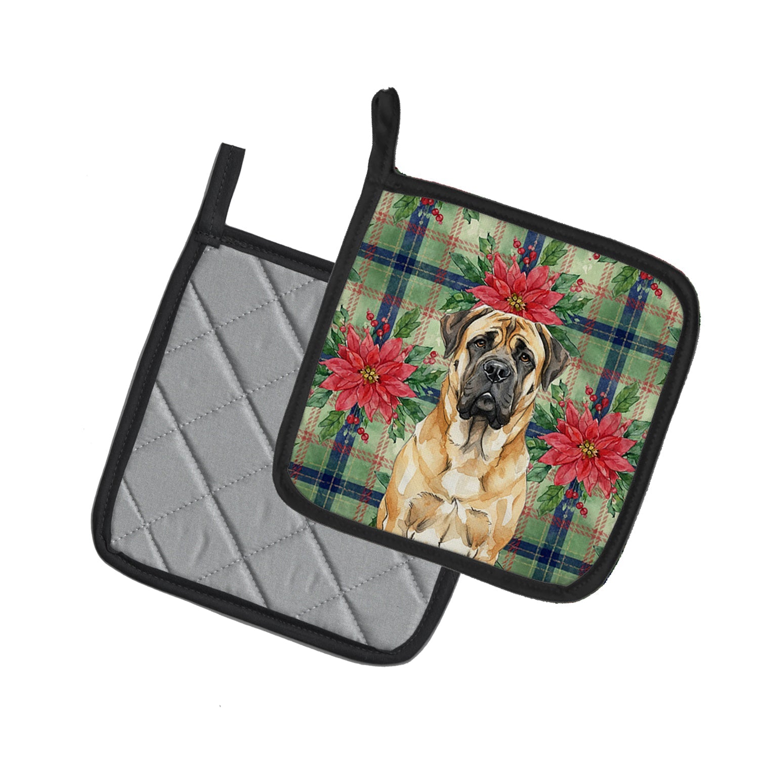 Fawn Mastiff Christmas PoinsettIas Pot Holder Set of 2 Heat Resistant Quilted Hot Pads 7.5 x 7.5 Inch, Insulated Kitchen Trivets for Cooking & Baking