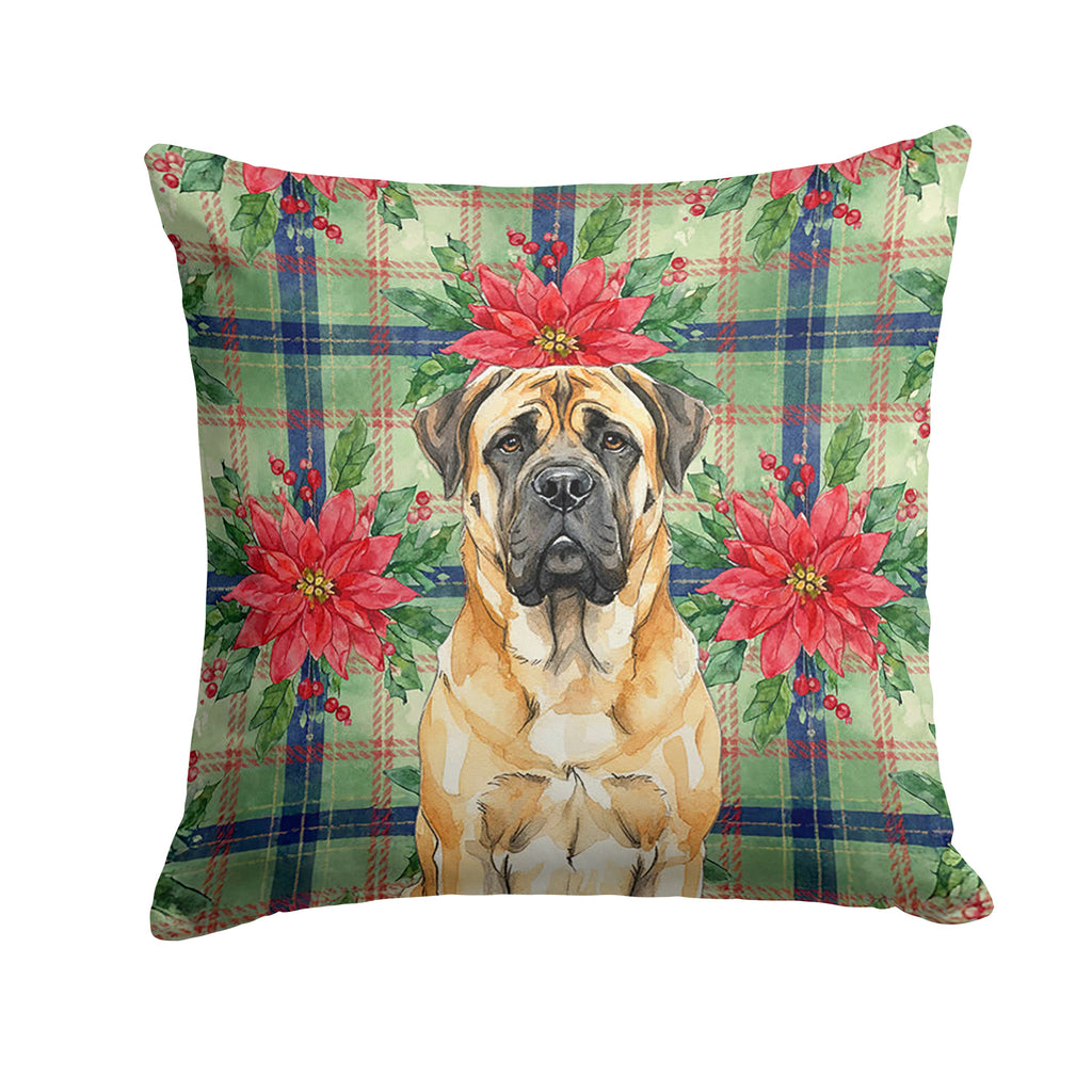 Fawn Mastiff Christmas PoinsettIas Decorative Throw Pillow 14x14 Indoor Outdoor Accent Cushion, Fabric Cover with Insert for Sofa, Bed, Porch & Living Room