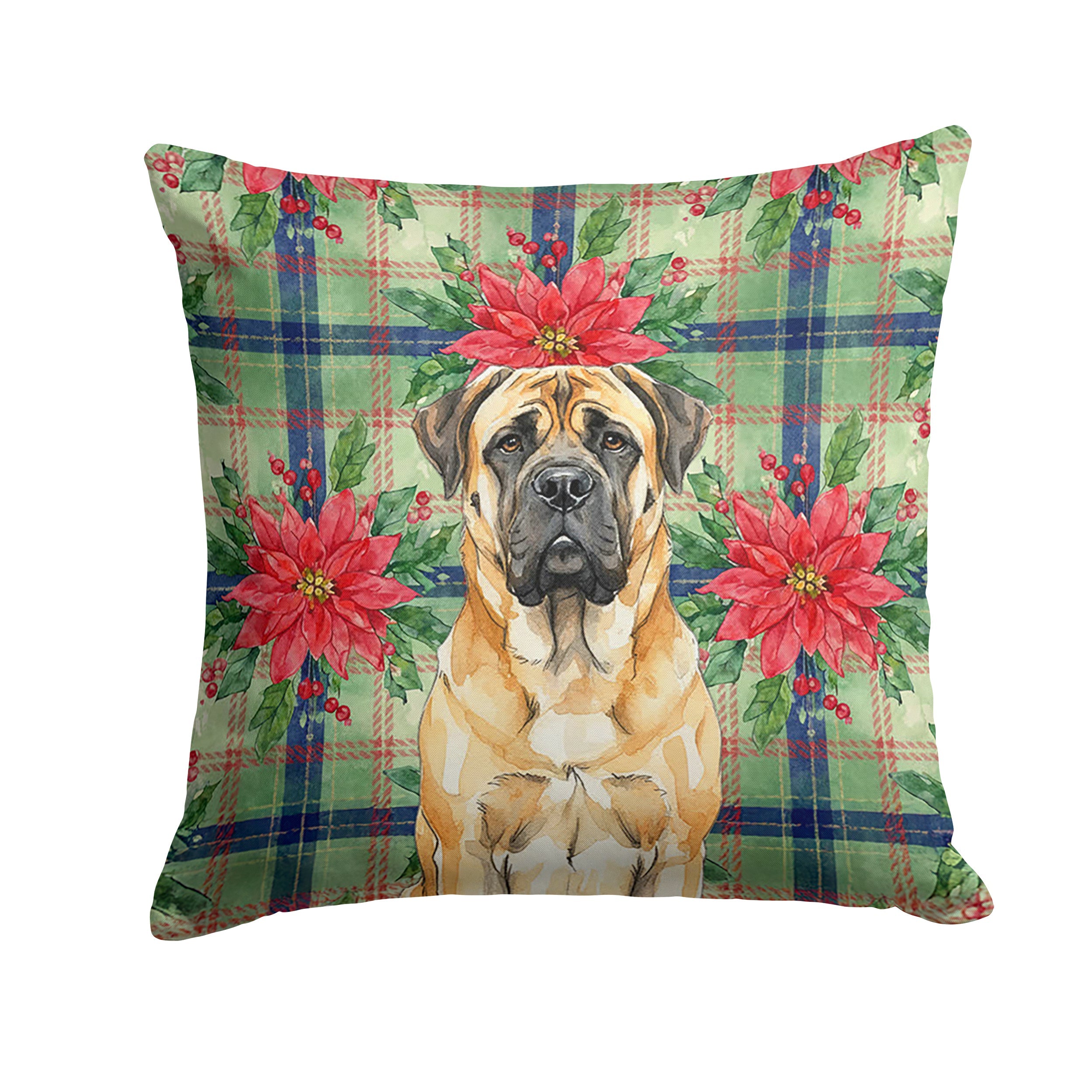 Fawn Mastiff Christmas PoinsettIas Decorative Throw Pillow 18x18 Indoor Outdoor Accent Cushion, Fabric Cover with Insert for Sofa, Bed, Porch & Living Room