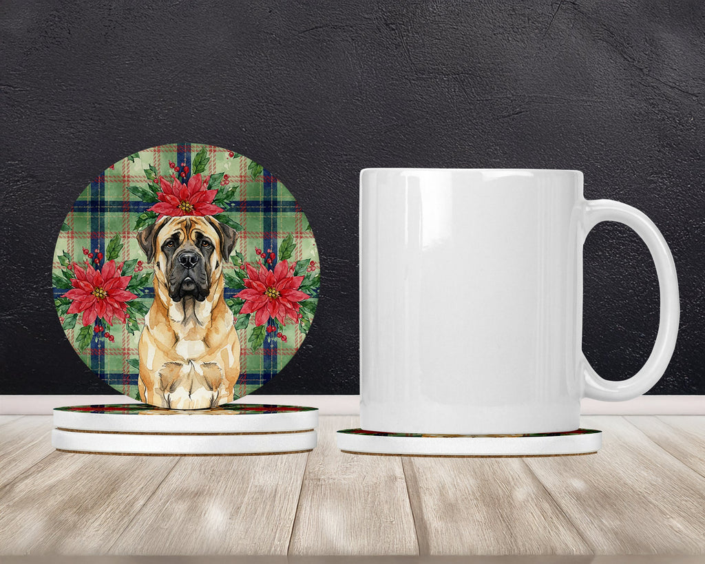 Fawn Mastiff Christmas PoinsettIas Large Sandstone Coasters Pack of 4 Absorbent Round Coasters Decor Gifts for Men or Women, 4 in, Multicolor