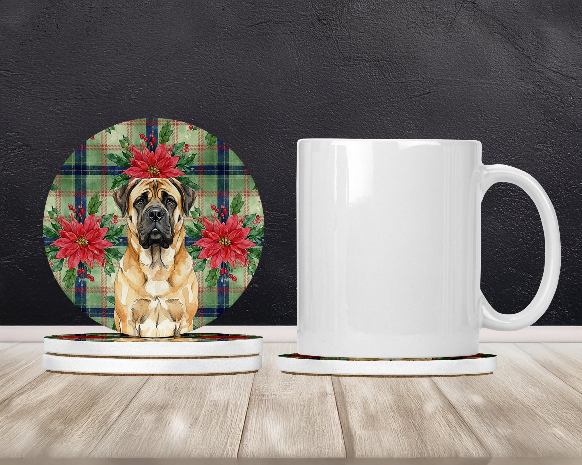 Fawn Mastiff Christmas PoinsettIas Large Sandstone Coasters Pack of 4 Absorbent Round Coasters Decor Gifts for Men or Women, 4 in, Multicolor