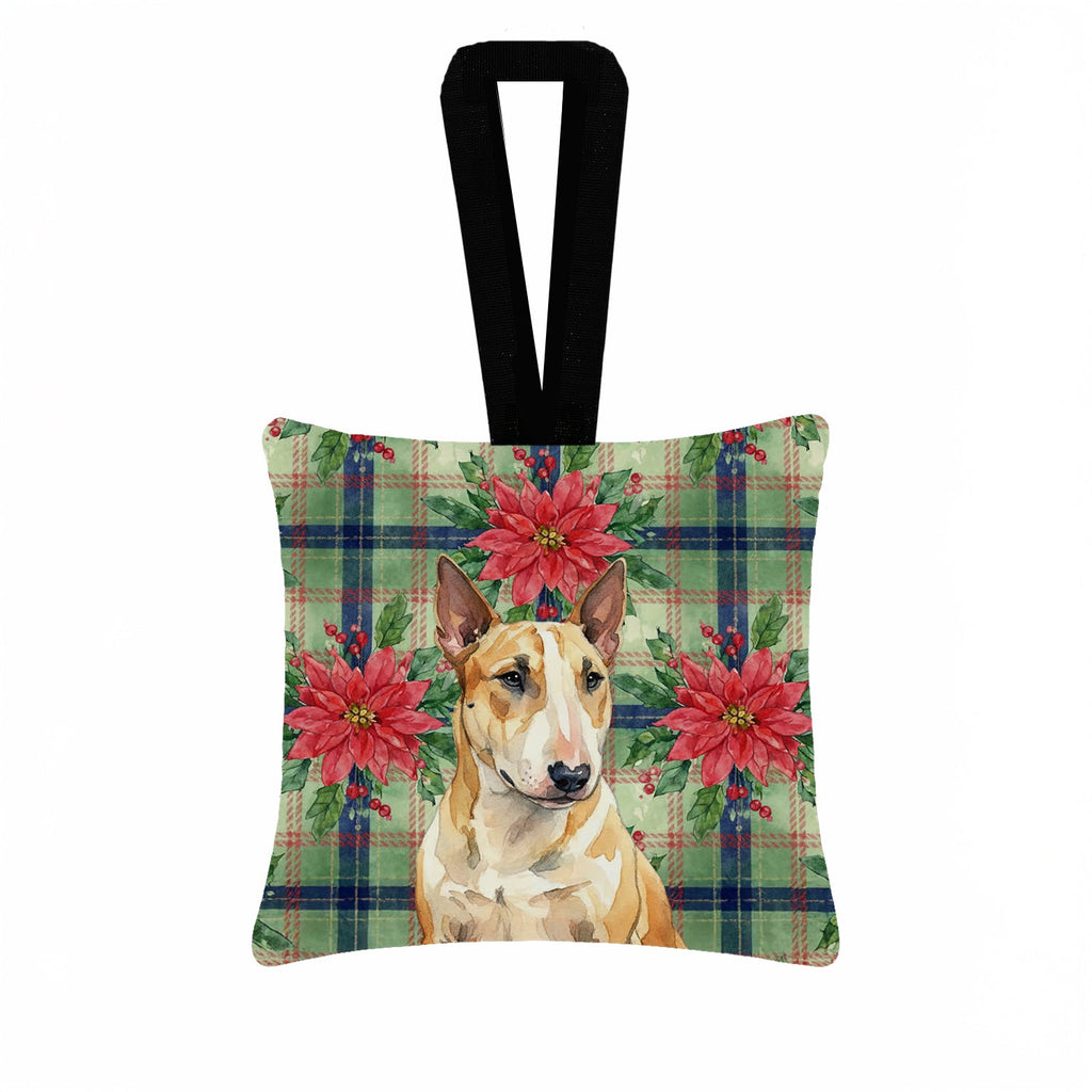 Miniature Bull Terrier Christmas PoinsettIas Hanging Square Fabric Ornament 3.5 � 3.5 Decorative Door-Knob & Tree Hanger, Soft Fabric